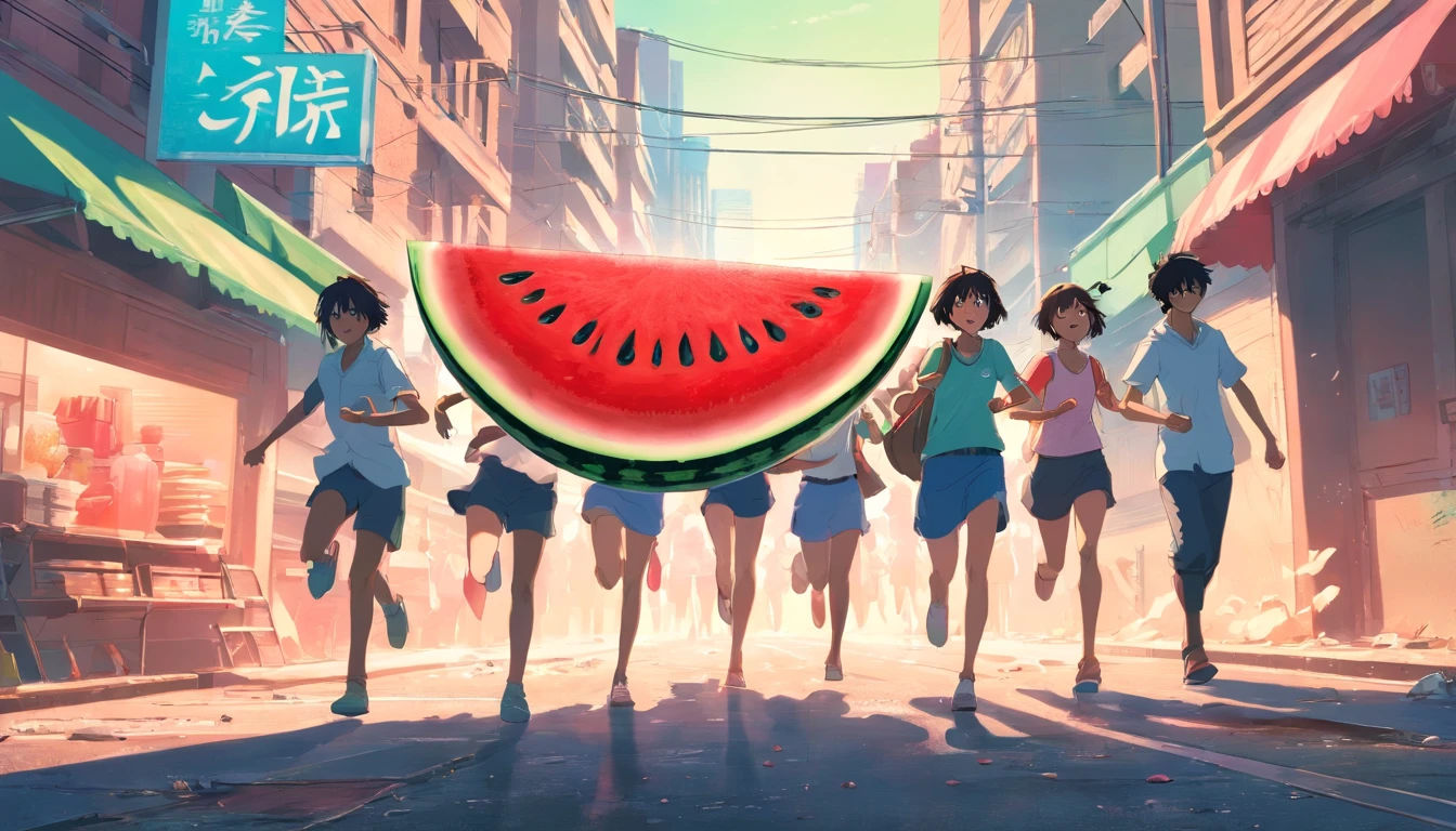 A squad fights in the streets in an abandoned city wearing watermelon mask