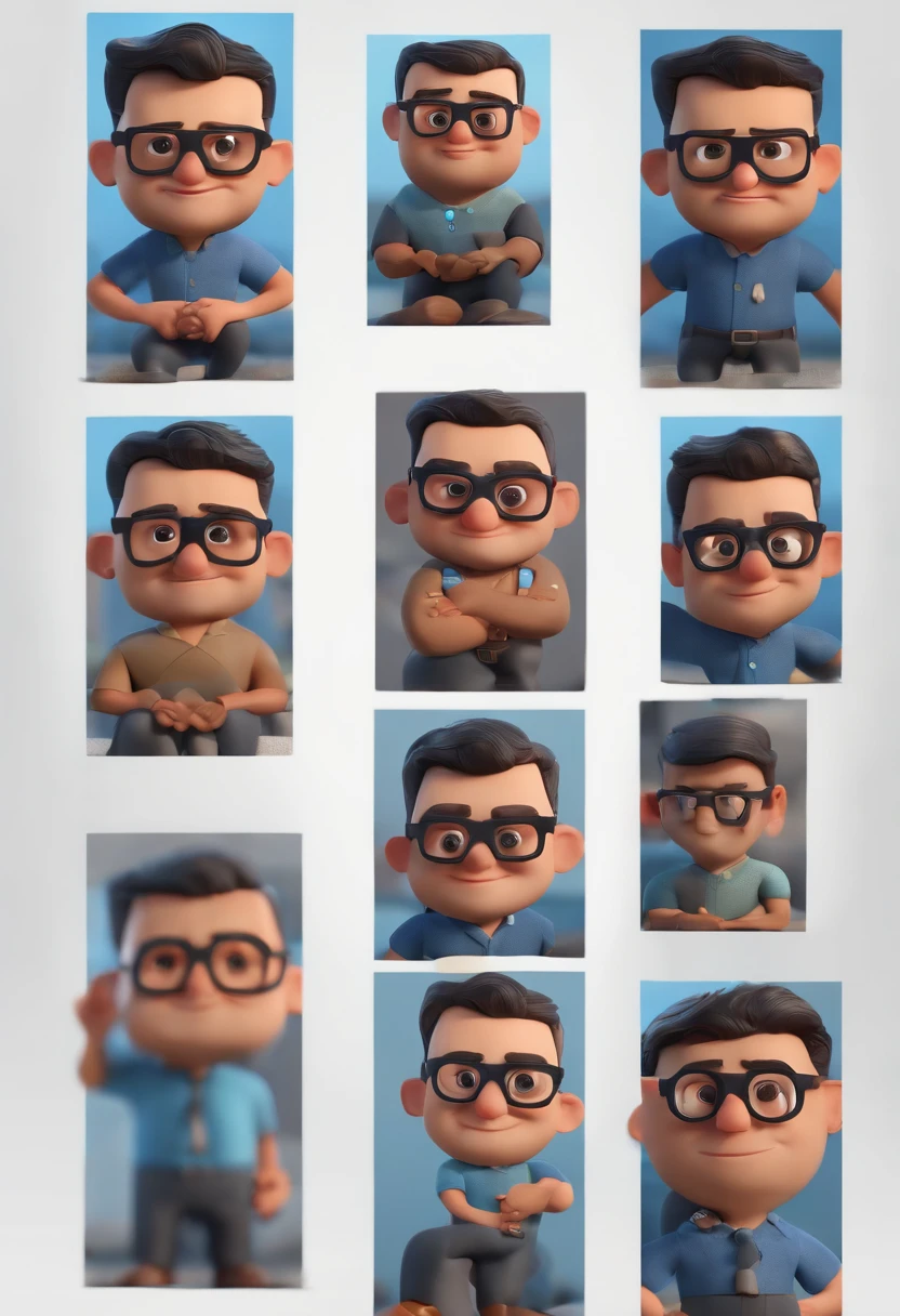 Cartoon character of a man wearing black glasses and a blue shirt, um personagem animado, Caractere estilizado, animation style rendering, 3D estilizado, Arnold Maya render, 3 d render stylized, toon render keyshot, Personagem 3D, Personagem 3D, 3d rendering stylized, 3 d character render, personagem de desenho animado, Personagem de close up, Pose de personagem, (Estilo Pixar) (master part:1.2) (Bokeh) (best quality) (pele detalhada) (textura detalhada) (8k) (argila) (Cinematic lighting) (foco nítido，Senta e vaza a parte superior do corpo