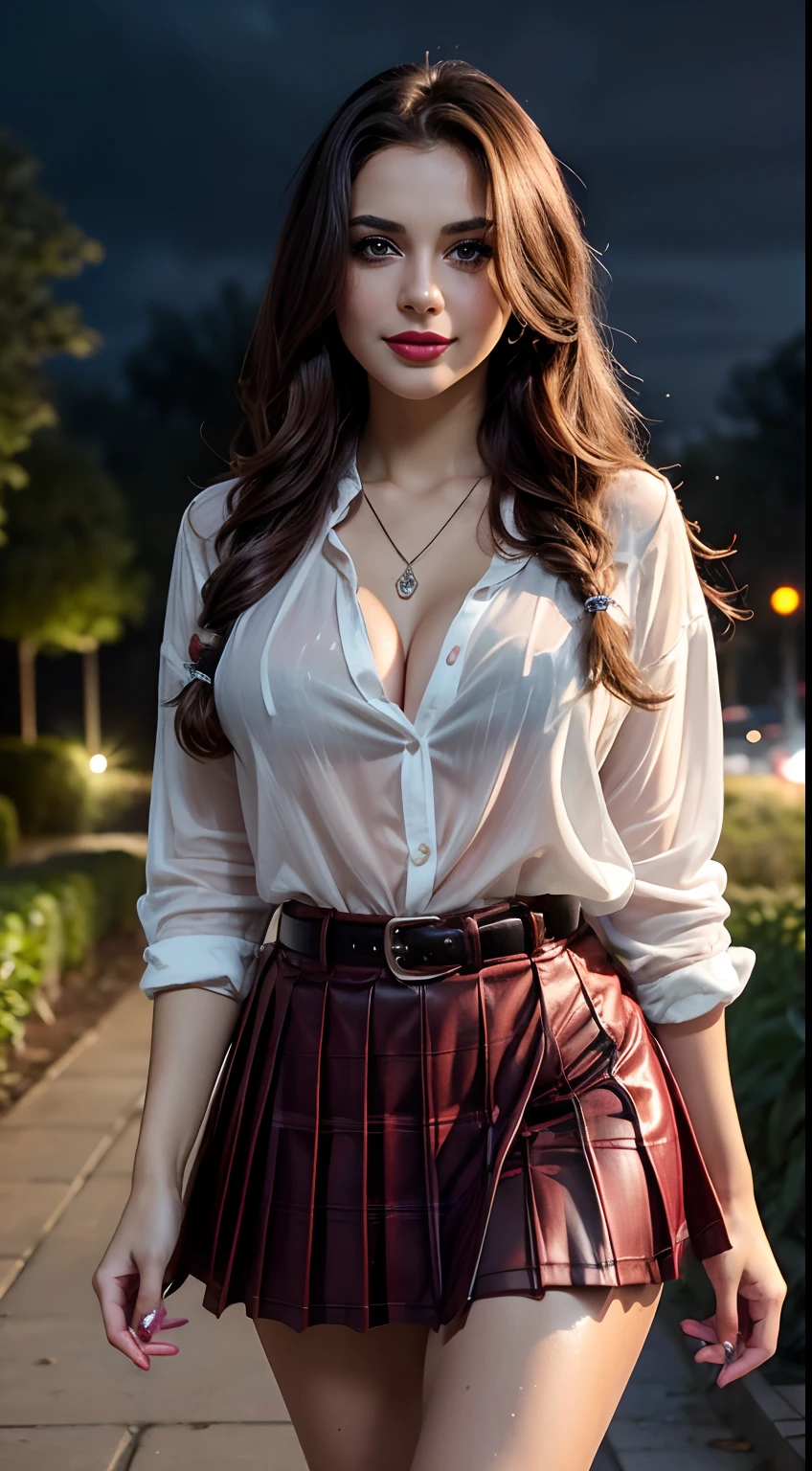 (masutepiece, Best Quality), ultra-detailliert, Photorealsitic, Beautiful woman with brown hair, (Plain open shirt), ((Plaid pleated skirt)), Braided high heels, a necklace, Leather Belt, Wavy Hair, Perfect face, Beautiful face, enticing, big gorgeous eyes, I have my mouth wide open, Happy, heavy make up, red-lips, Dark Eye Makeup, Voluptuous body, seducting smile, Glamorous body, Big ass, a wet body, wetting hair, (plein air), Walking in the park at night, Walking in the garden at night, Bright colors, Taking a walk, cloudy ash sky, rain is falling