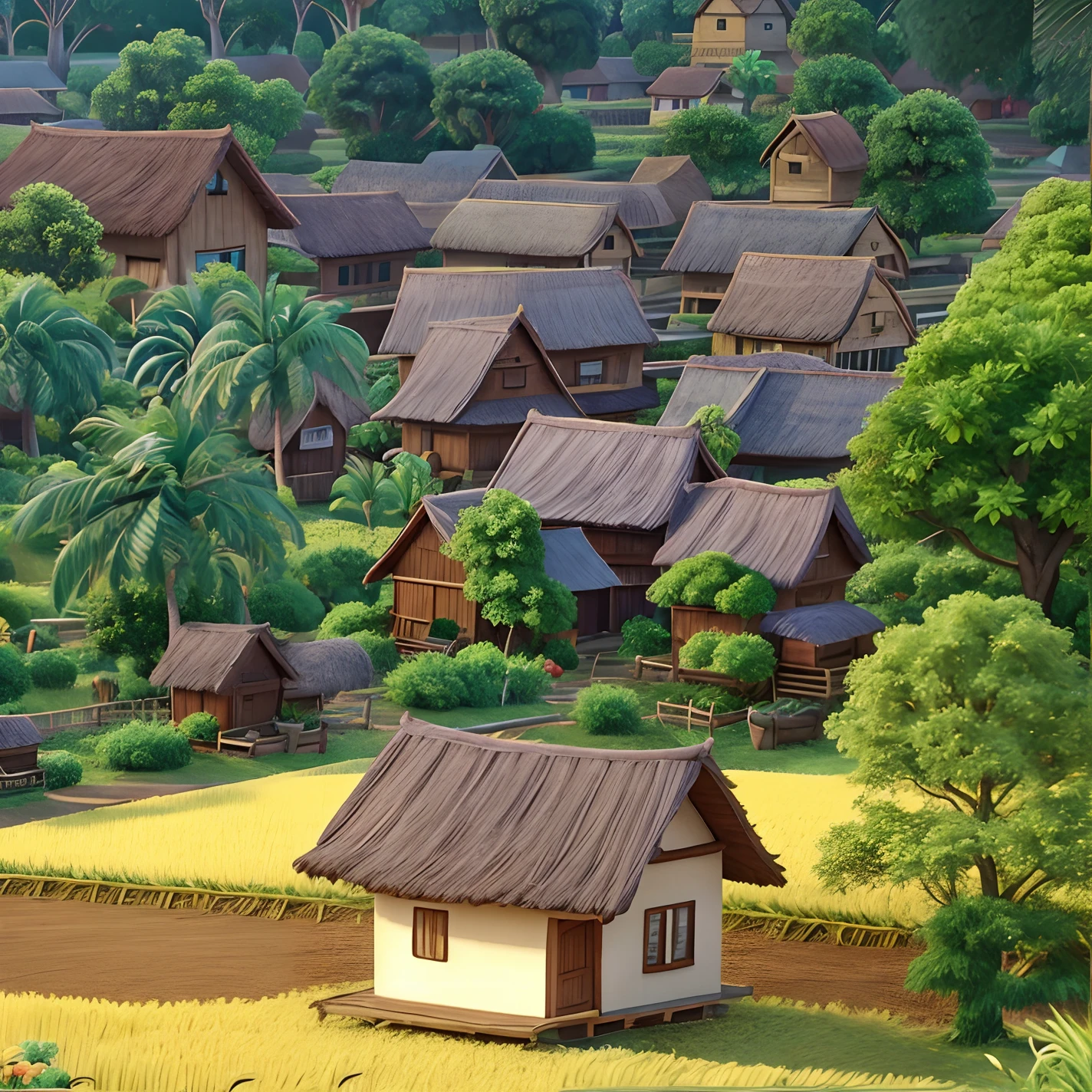 3d cartoon background animation of this scene,Disney Pixar animation style,many tradisional home, cartoon rice field,cartoon coconut tree
