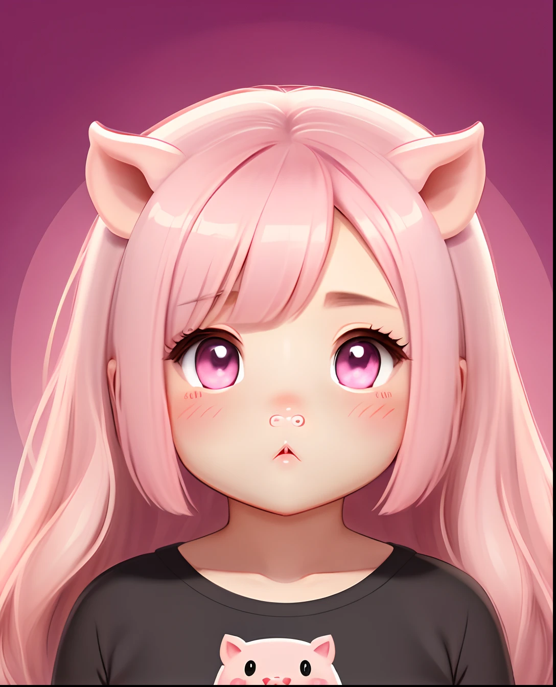 hog, Eyes in the shape of a C, small mouth, Plump face and body, Deformed, Pink color illustration style