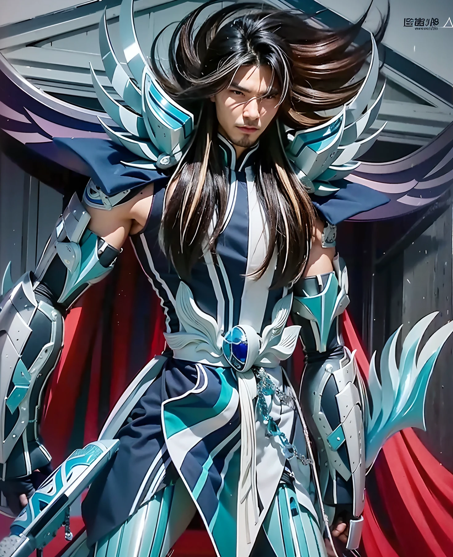 master part, best quality, 8k, Japanese man with a handsome face, forte e imponente, cabelos pretos, vestindo uma armadura de prata divina, capa vermelha, segurando uma espada