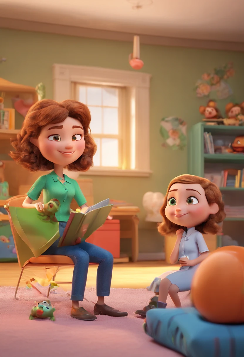 Create characters in the Disney Pixar style with the following characteristics: Two businesswomen, One has brown hair tied up and small brown eyes, the other is blonde with straight hair and green eyes. They are sitting on the bed in a children's room