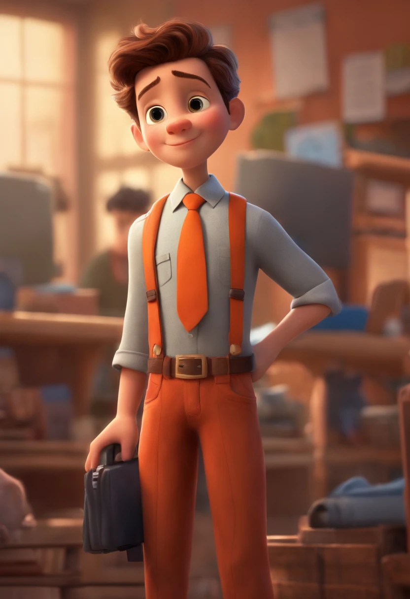 Image of a boy for a cell phone salesman story in Pixar format, he is the big Lucas, He is the leader of the class, He is outgoing, Playful and gets up for a lot of things, short hair