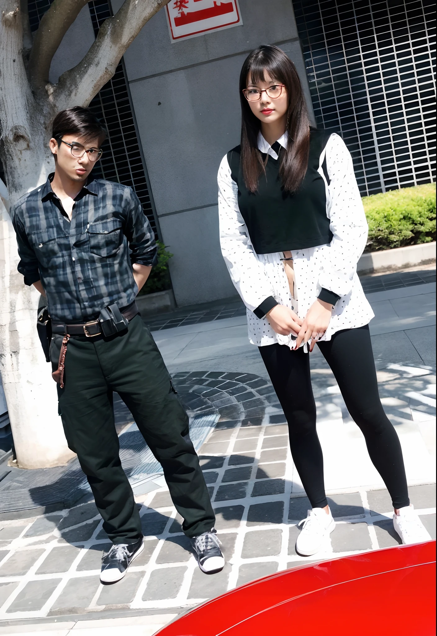 Very beautiful japan girl with red lips and handsome man with glasses