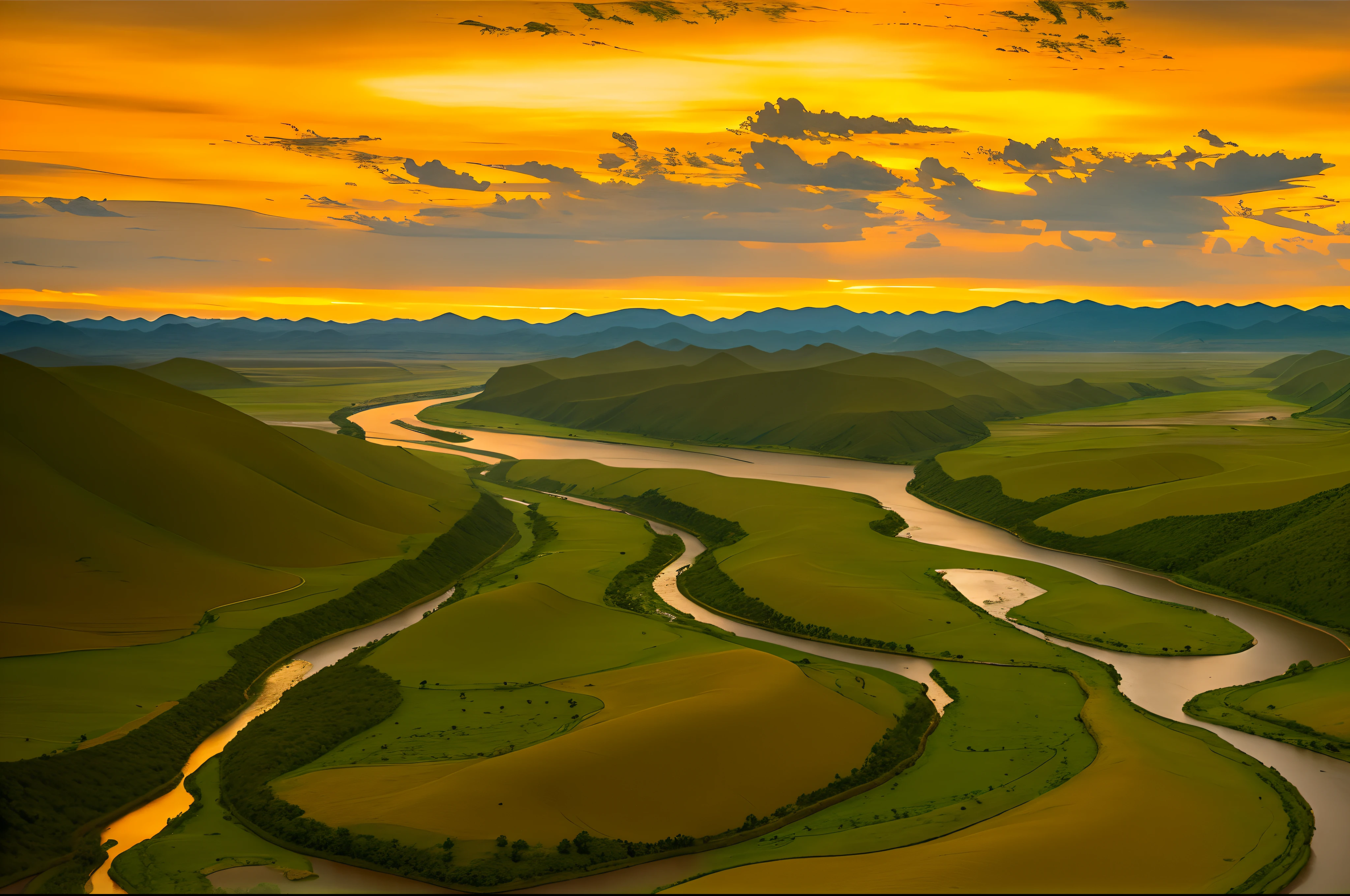 a view of a river running through a lush green valley, Winding rivers, Mongolia, golden grasslands, film Silk Road landscape, still from nature documentary, flowing hills, Breathtaking landscapes, wide angle landscape photography, Stunning scenery, image credit nat geo, still from nature documentary, lindo cenario, Stunning landscape, breathtaking landscape, wide angle river, beautiful panoramic imagery