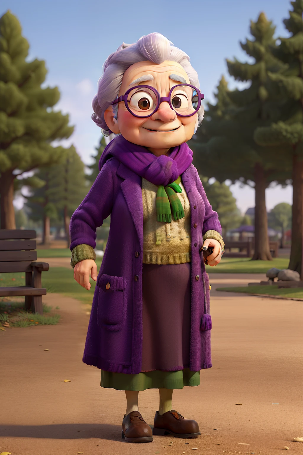 masterpiece, best quality, an old woman with glasses and a scarf on, wearing a purple coat and green scarf, standing at the park