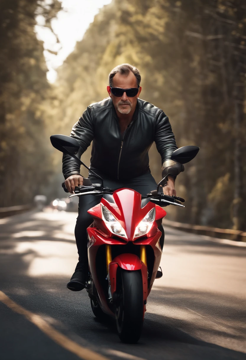 a Disney Pixar 3D style poster of a 40-year-old man without glasses, pilotando uma cbr 650r cinza em um passeio de motocicleta
