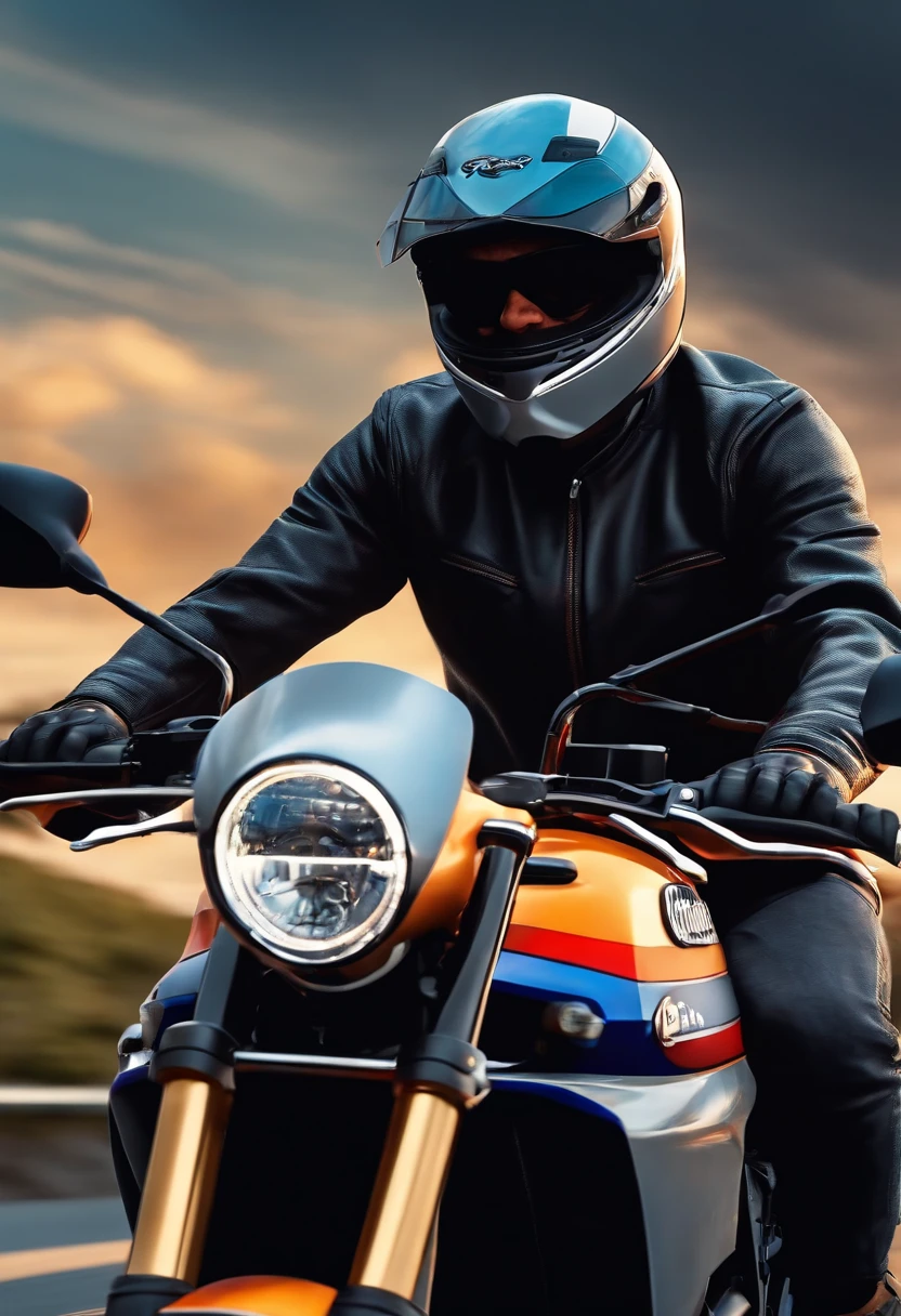 a Disney Pixar 3D style poster of a 40-year-old man without glasses,  pilotando uma cbr 650r cinza em um passeio de motocicleta