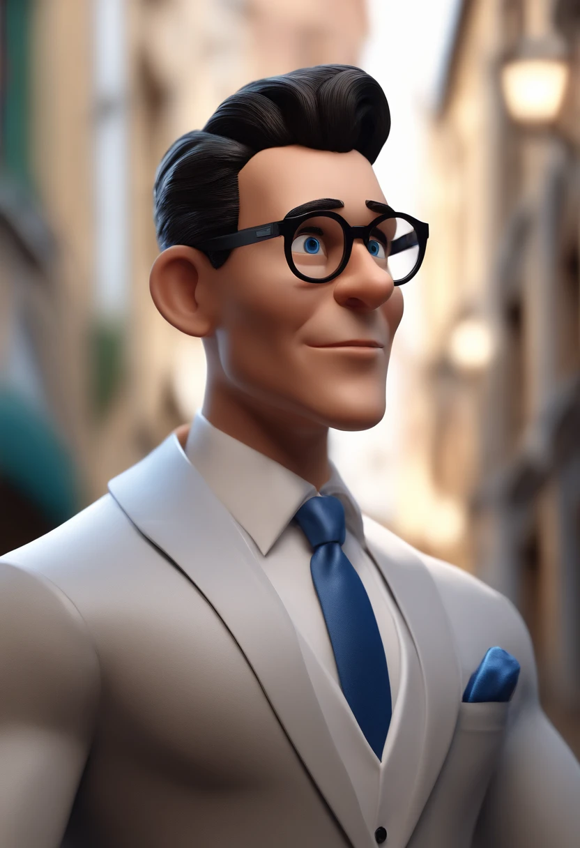 Um homem elegante e bonito, com um terno extremamente alinhado, with a pair of glasses, intelectual e esbelto, Cartoon character of a man with black glasses and a blue suit, animation character, Caractere estilizado, animation style rendering, 3D estilizado, Arnold Maya render, 3 d render stylized, toon render keyshot, Personagem 3D, Personagem 3D, 3d rendering stylized, 3 d character render, personagem de desenho animado, Personagem de close up, Pose de personagem, (Estilo Pixar) (master part:1.2) (Bokeh) (best quality) (pele detalhada) (textura detalhada) (8k) (argila) (Cinematic lighting) (foco nítido