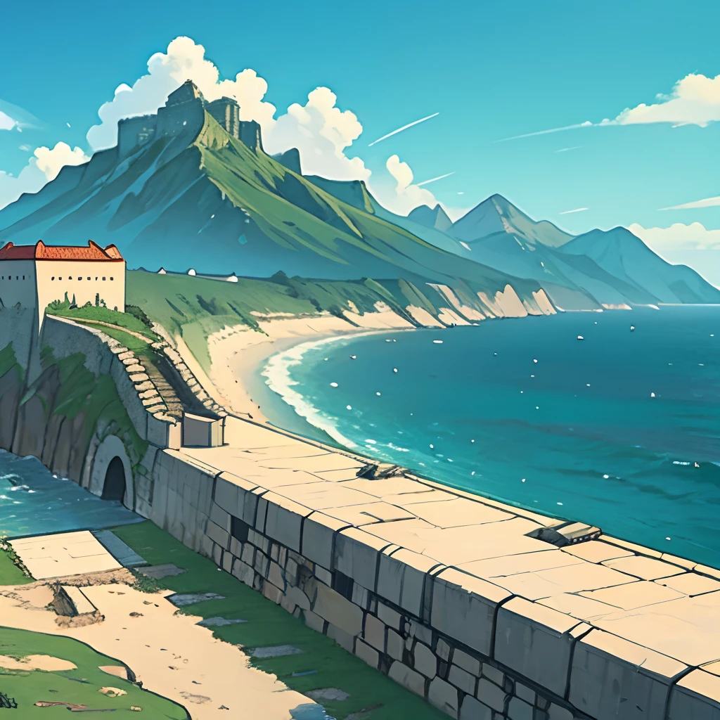 Massive coastal fortress, mountain background,