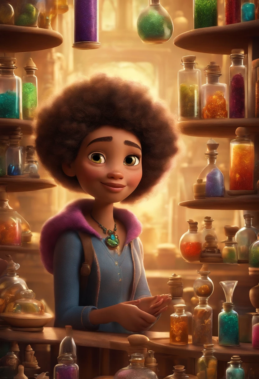 A collector of ideas inspired by Pixar animation, de perto. She is surrounded by a collection of magic vials, each containing a unique idea. The focus is on the character, with a captivating facial expression, Against a backdrop of shimmering, cores efervescentes.