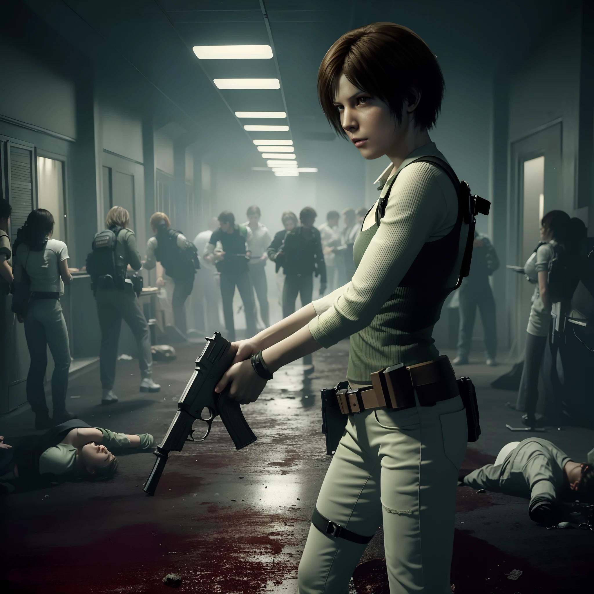 Best quality, ((Rebecca chamber from resident evil)), short bob hair, white jeans, beautiful face, green vest, glare, holding a gun