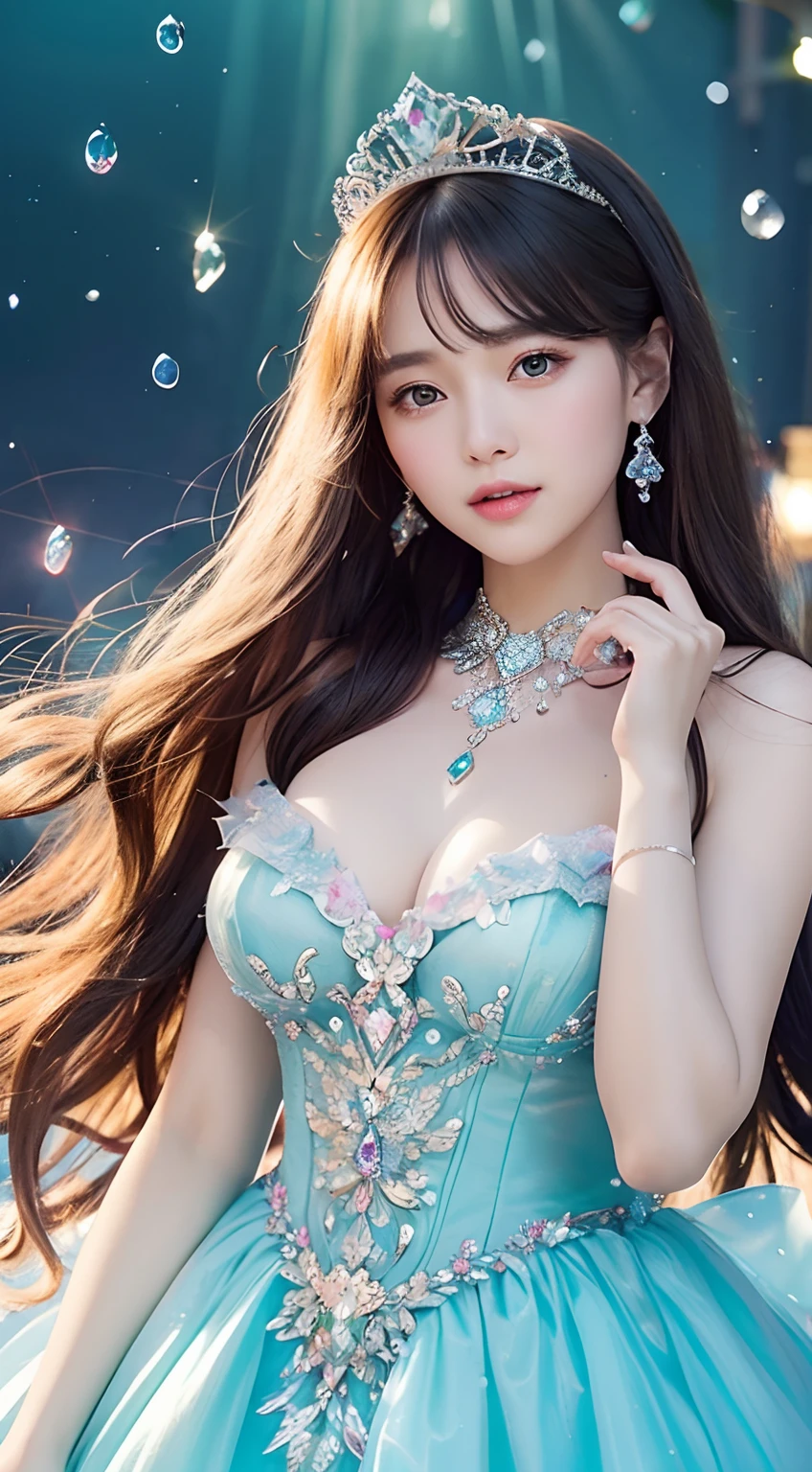 The brilliance of the gemstone fills the space like a star、Background of sparkling water droplets dancing in the air、Unrealistic background、blured background、