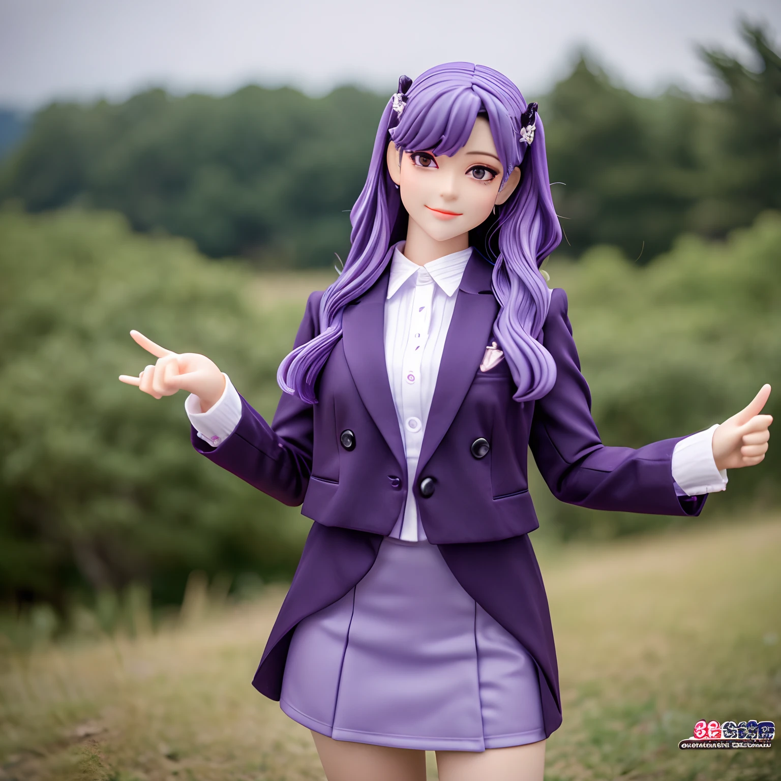 nendoroid、Purple hair、Long hair、simple background、One hand is on the hip、Pointing into the distance with one hand、Commander、suits、skirt by the、Hanging eyes、Raised eyebrows、villainess、ssmile、Doya face、full body Esbian、2 head body