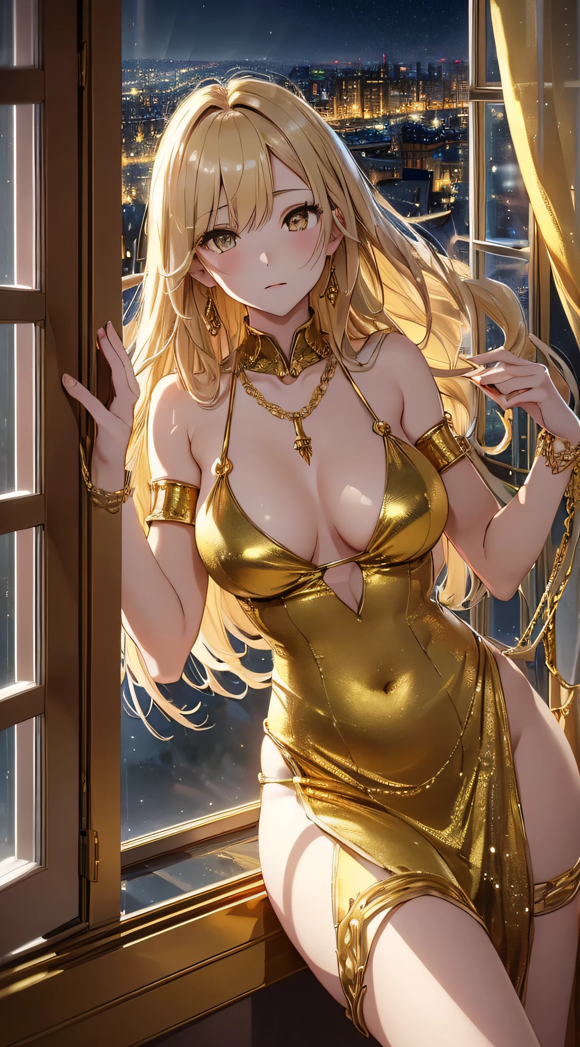 top-quality、Top image quality、​masterpiece、girl with((20yr old、Best Bust、big bast、Bust 85,beautiful golden eyes、Breasts wide open,Blonde long hair、A slender、Large valleys、Gold Bikini、Gold Dress,Reflecting the whole body、Leaning forward)）hiquality、Beautiful Art、Background with((Luxury Hotels、Golden Chain、Window with night view)))masutepiece、visualart、depth of fields、
