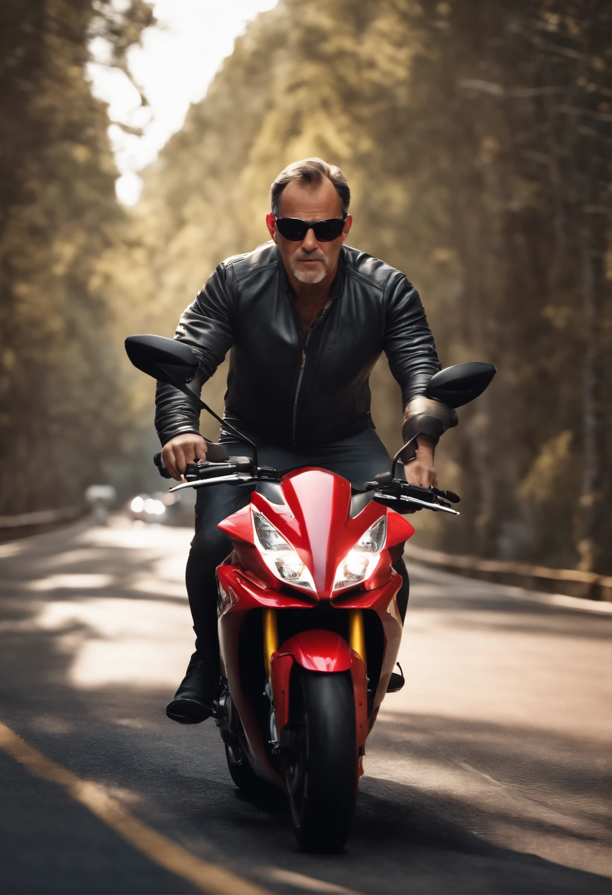 a Disney Pixar 3D style poster of a 40-year-old man without glasses, pilotando uma cbr 650r cinza em um passeio de motocicleta