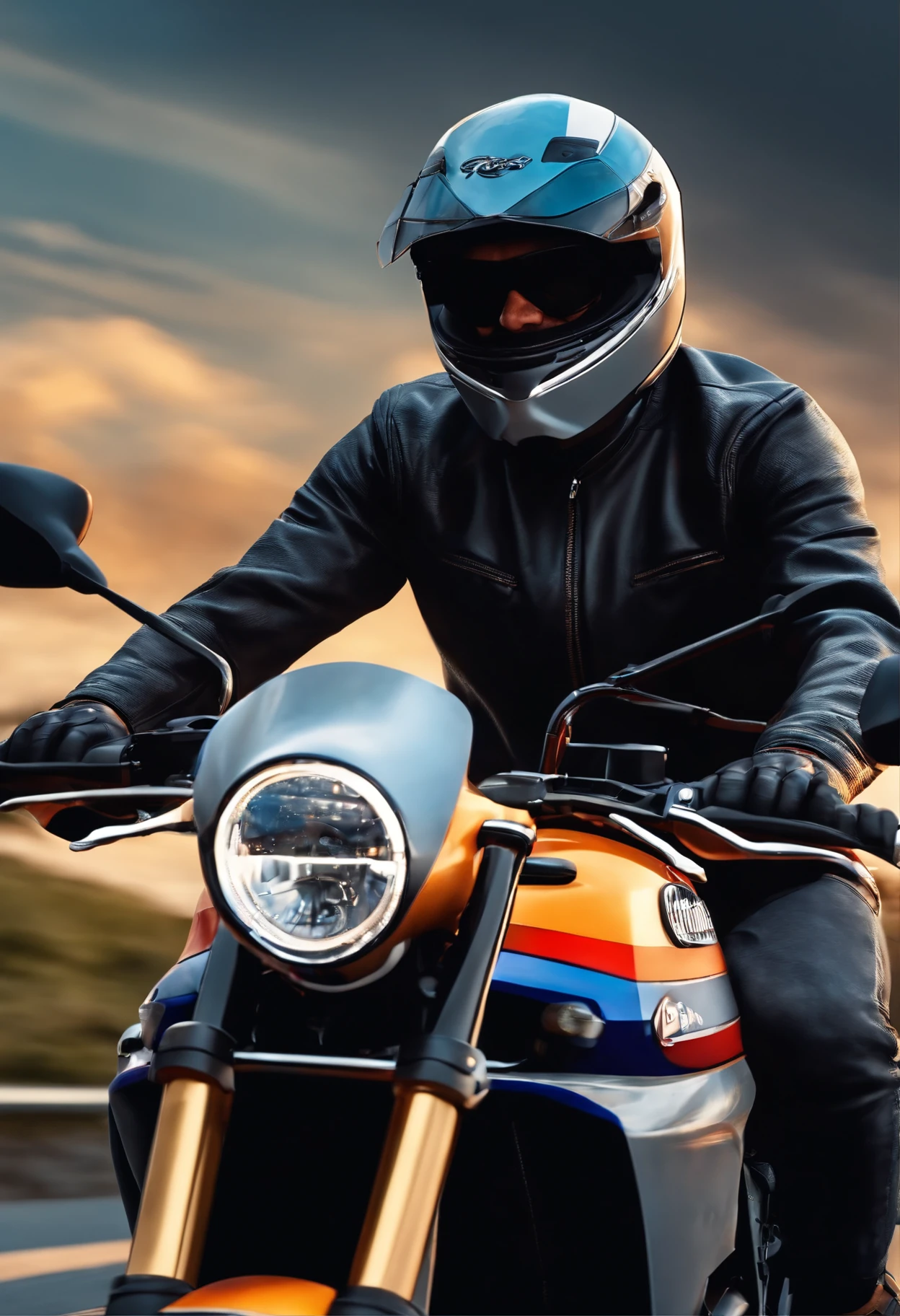a Disney Pixar 3D style poster of a 40-year-old man without glasses, pilotando uma cbr 650r cinza em um passeio de motocicleta