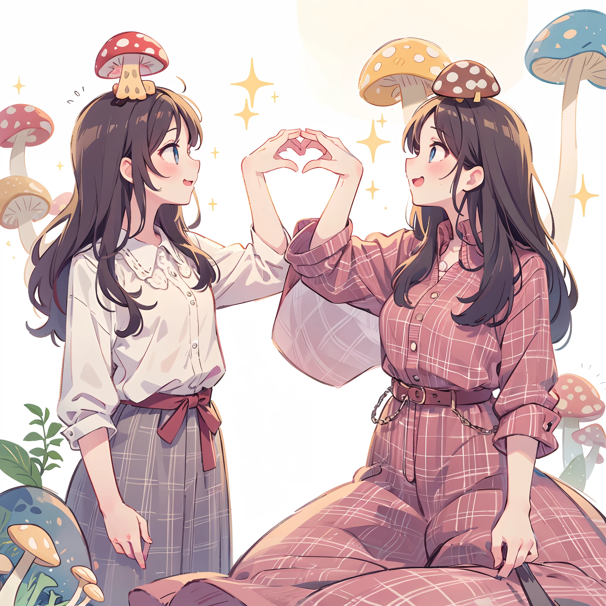 2 girl, Gothic Lolita, white background, cute eyes, sparkle skin, (mushroom on head), (masterpiece), (best quality),