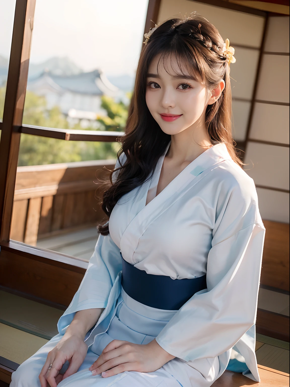 ((((top-quality))))、(((Ultra Precision CG16K Wallpapers)))、(((masterpiece)))、(((ultra-detailliert)))、(((Ultra-extreme details)))、One woman、a matural female、a 25yo woman、((Korean Face))、((extremely beautiful face))、((Korean Idols:1.8))、((Semi-long curly hair:1.2))、(shinny hair)、Bangs up to the eyebrows、Beautiful brown hair、Beautiful delicate eyes、Brown eyes、lofty nose、small nostrils、seductive lips、slightly open mouth、Beautiful breasts、C-cup size breasts、cleavage of the breast、Plump body、perfectly proportions、perfect anatomia、Beautiful and detailed shading、Beautiful natural lighting、Beautiful detail glow、depth of fields、(((a high chroma)))、((realisitic:1.9))、((Vivid:1.4))、((Beautiful skin))、((Skin texture))、((Realistic skin feeling))、perfect-composition、((longshot))、((Angle of view from the front))、((a smile:1.2))、(Staring eyes)、Bright sunshine、((Sit upright in a Japanese-style room:1.2))、(Background blur)、((Wearing a yukata:1.5))、(a necklace)、