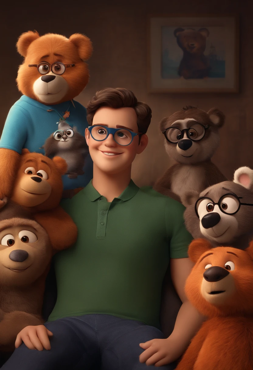 Menino estilo desenho animado, Pixar, wearing round glasses, segurando um urso de pelucia, roupa de escoteiro,