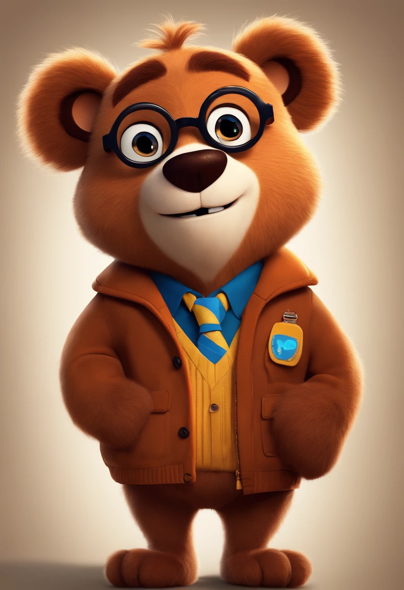 Menino estilo desenho animado, Pixar, wearing round glasses, segurando um urso de pelucia, roupa de escoteiro,