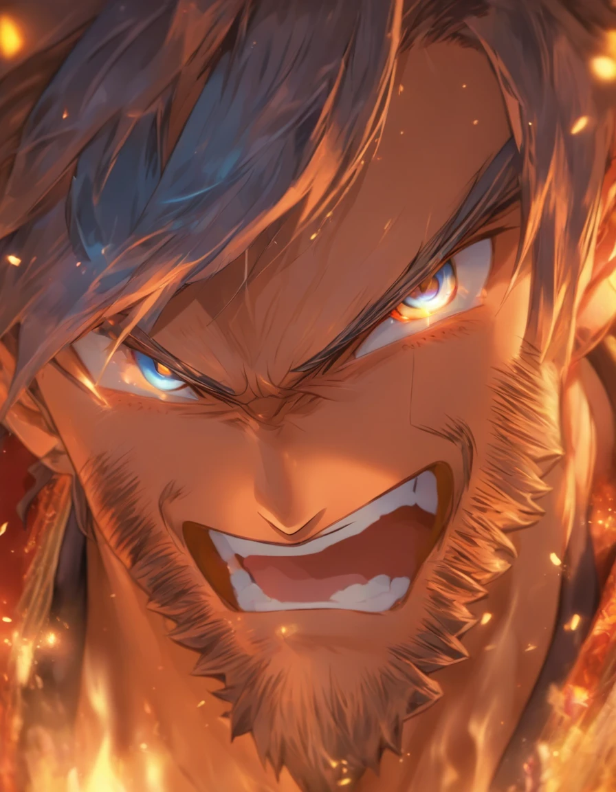 High picture quality,The face is slightly chubby and square,Handsome uncle,Comic texture,Handsome and neat beard,slightly fat big breasts,In the city,Blue eyes full of hope,grin,Sophisticated,Mature and steady,affable,Warm expression,The camera angle is right on his face+Extremely detailed face