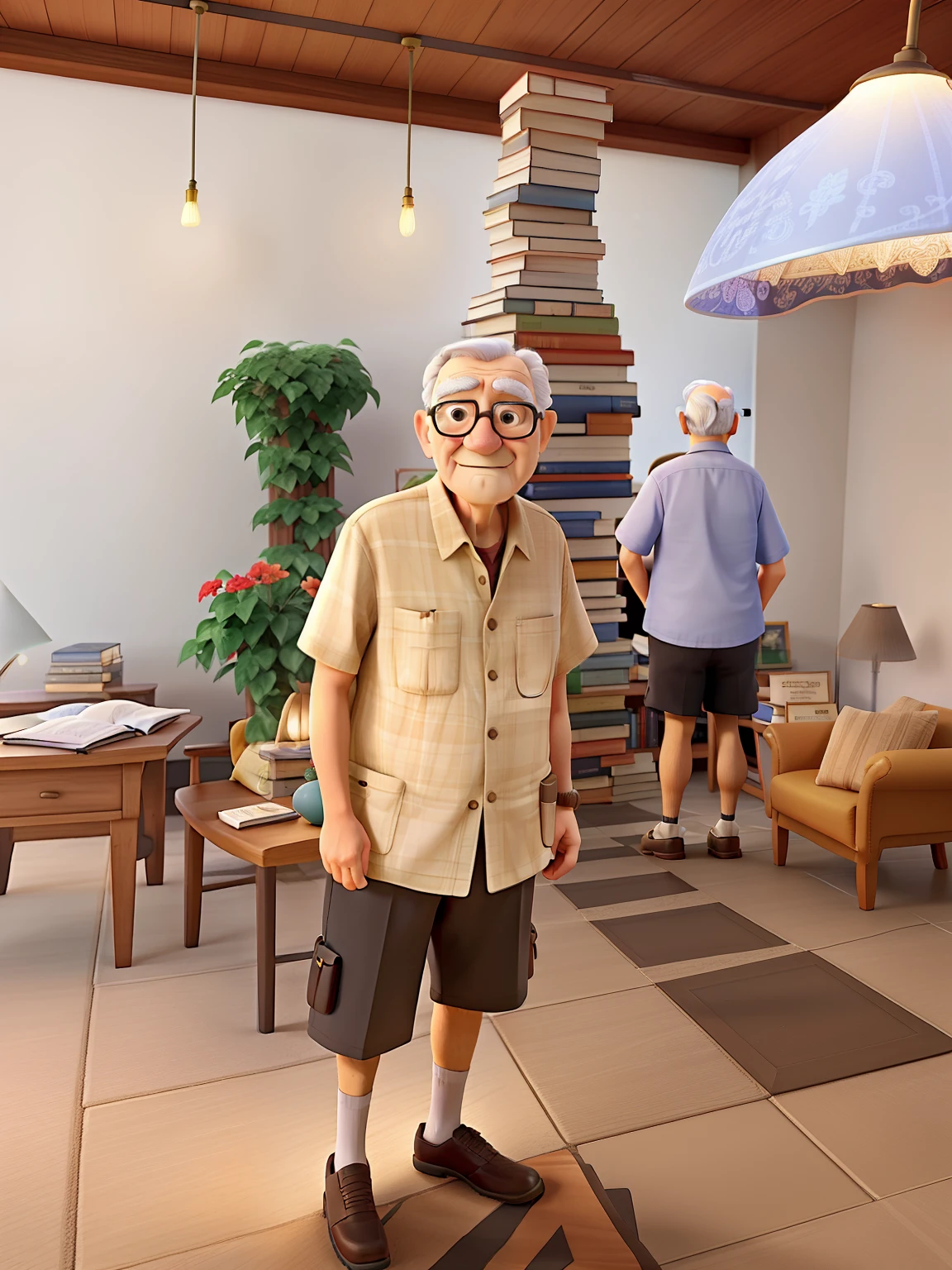 A wise old man standing in front, illuminated by the light of a lamp, against the backdrop of a library