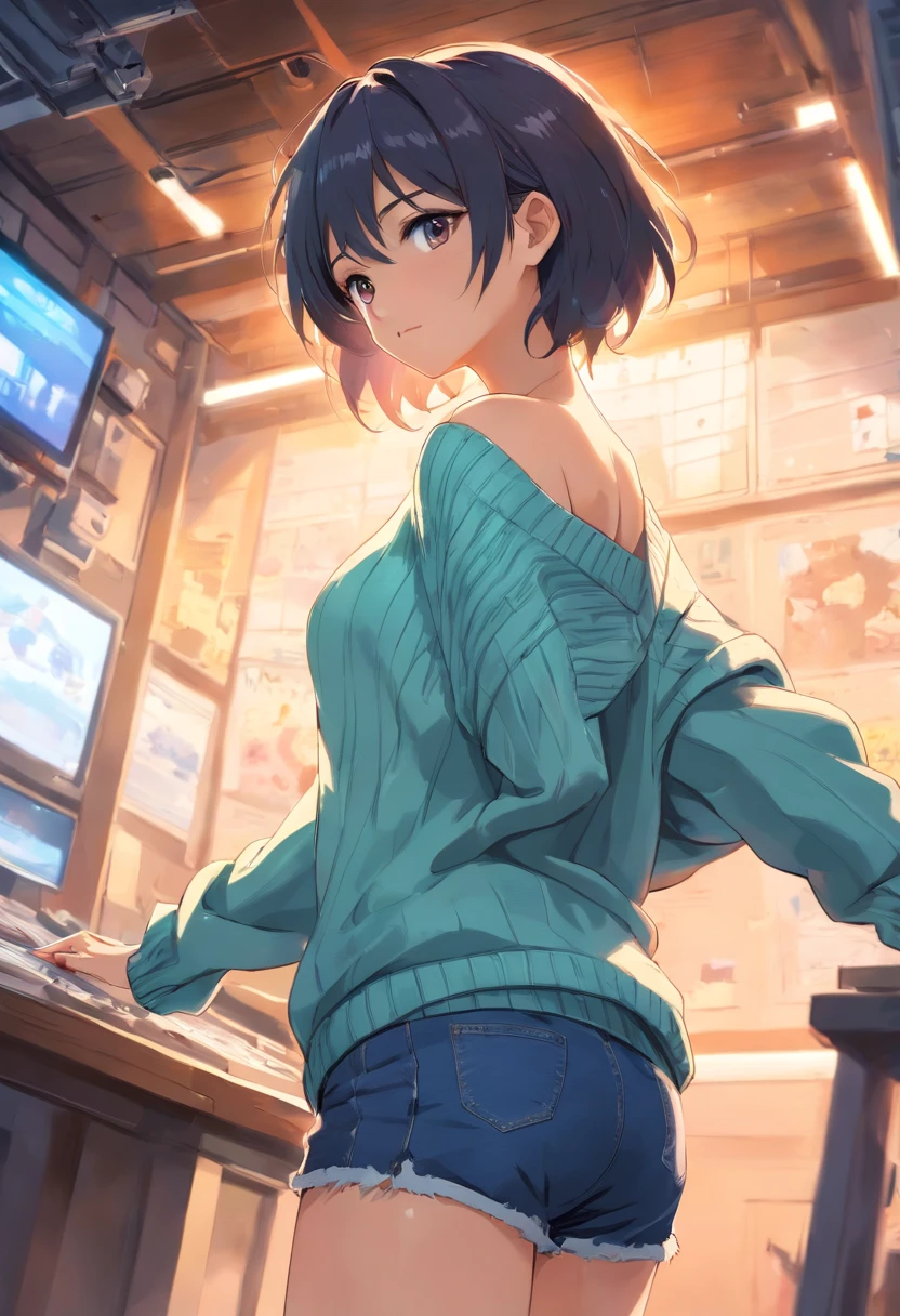 (), big boobs,(masterpiece), best quality, extremely detailed, (watercolor), bloom, delicate and beautiful, illustration, (from below),(1girl:1.4), (solo:1.2), large breasts, (ribbed sweater:1.3), off-shoulder sweater, (short shorts:1.2), bare shoulders, (underboob), ((dark skin:0.8)), beautiful eyes, (disheveled hair ), photography, over-the-shoulder shot, by Alex Maleev, professional, canon camera, nikon camera, sharp, bokeh, studio quality, fisheye lens, by Robert Capa ,