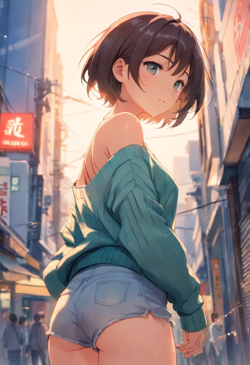 (), big boobs,(masterpiece), best quality, extremely detailed, (watercolor), bloom, delicate and beautiful, illustration, (from below),(1girl:1.4), (solo:1.2), large breasts, (ribbed sweater:1.3), off-shoulder sweater, (short shorts:1.2), bare shoulders, (underboob), ((dark skin:0.8)), beautiful eyes, (disheveled hair ), photography, over-the-shoulder shot, by Alex Maleev, professional, canon camera, nikon camera, sharp, bokeh, studio quality, fisheye lens, by Robert Capa ,