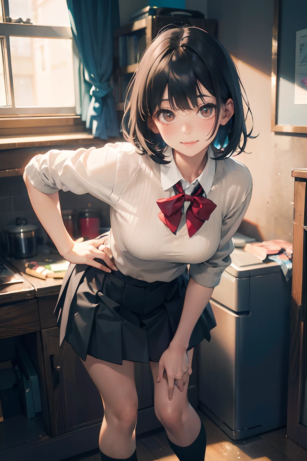((masterpiece,Highest quality:1.3,best quality illustration)),((realistic)),cowboy shot,solo,1woman,18 year old beauty、black hair,short bob hair,(center parted bangs),black eyes,(gorgeous eyes),((very small head:1.3)),shy,smile,((slender body,skinny)),(tan skin:1.4),small breasts,(Collared short-sleeved shirt、red bowtie,Navy blue pleated mini skirt),gleaming skin,oily skin,slender body, Simple bed、Simple bedroom、Tokyo、