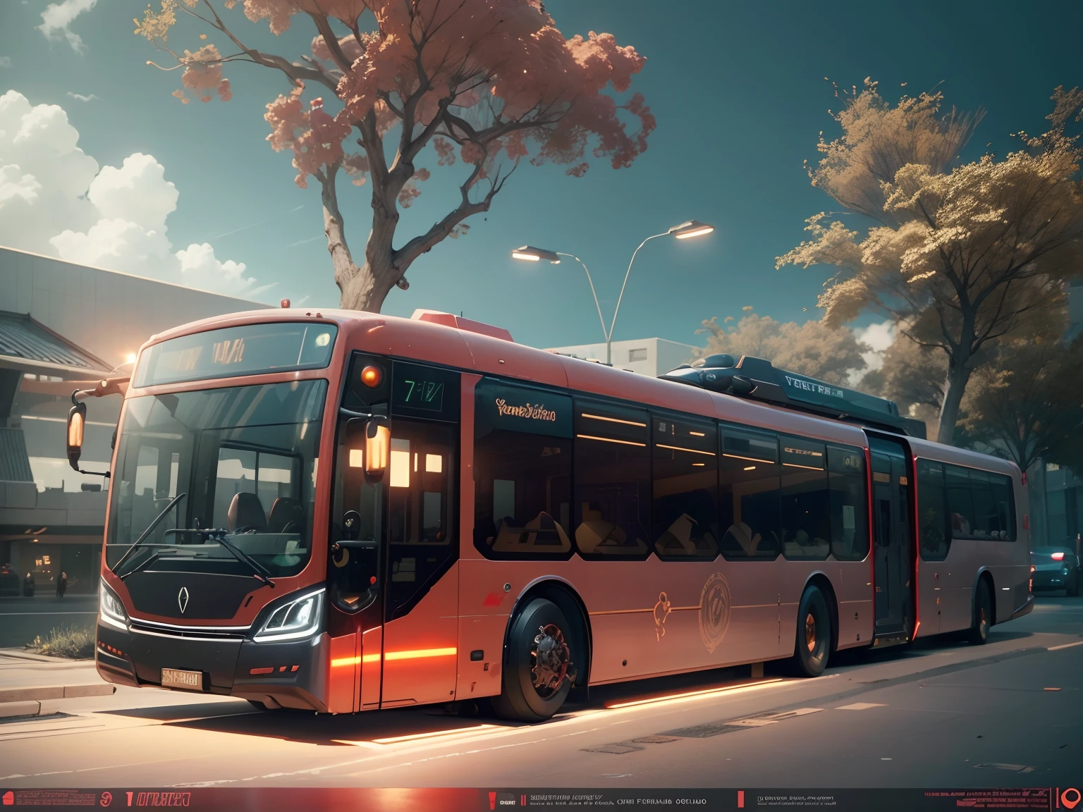 futuristic articulated bus, vermelho de fundo, Corpo Steampunk, escrito Devil girls na lateral, detalhes intrincados, Magnificent, cinemactic, high resolution, 4k,