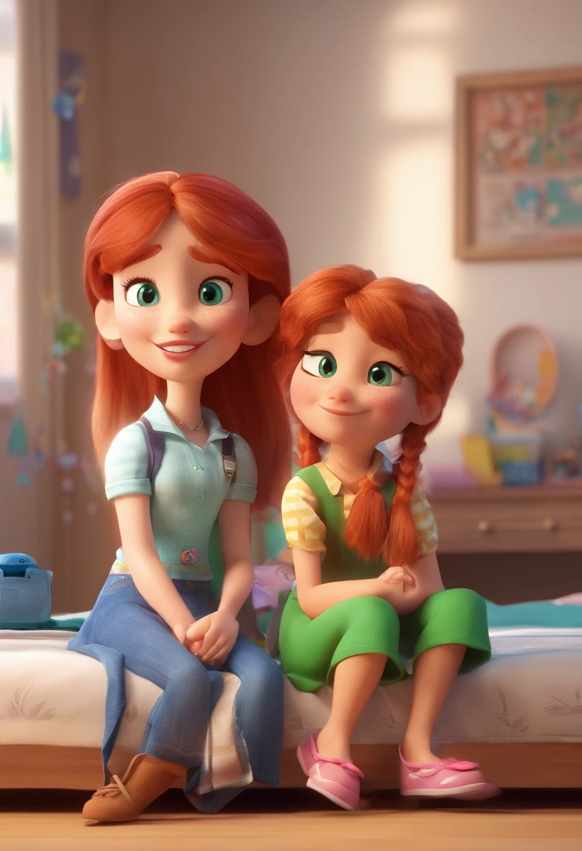Create characters in the Disney Pixar style with the following characteristics: Two women, One woman is half redheaded, her hair is tied up and has small brown eyes, the other woman is blonde with long straight hair and has green eyes. They are sitting on the bed in a children's room