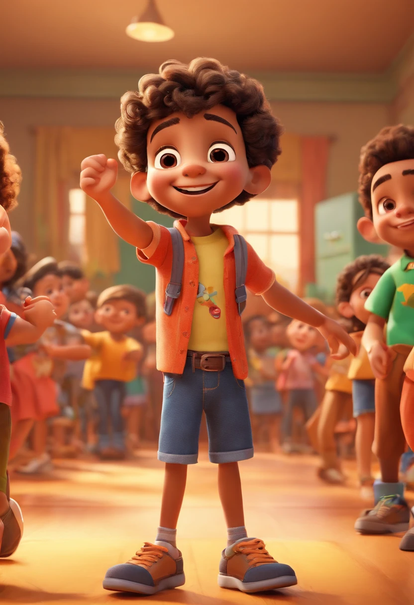 (best quality, 4k, photorealistic:1.37),
boy in a Pixar format,
detailed face, expressive eyes, bright smile,
short curly hair,
outgoing and playful personality,
adventurous and curious,
confident class leader,
wearing a colorful shirt and jeans,
standing in a vibrant and lively classroom,
surrounded by classmates,
engaged in interactive learning,
waving his hands in excitement,
capturing the attention of his peers,
bright and warm lighting,
vivid and cheerful color palette,
captivating storytelling atmosphere.