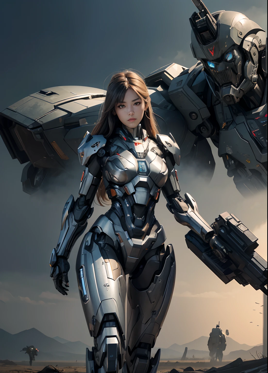 Textured skin, Super Detail, high details, High quality, Best Quality, hight resolution, 1080p, hard disk, Beautiful,(War Machine),beautiful cyborg woman,Mecha Cyborg Girl,Battle Mode,Girl with a Mecha Body,She wears a futuristic war machine weapon mech,Fulll body Shot