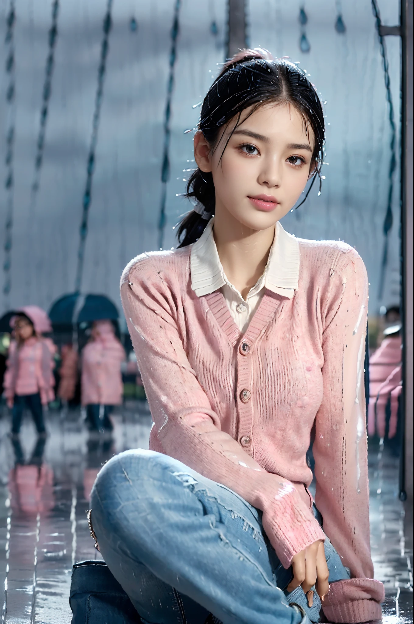 (shoulder length straight short black hair:1.2),((((8k))),(Extremely meticulous CG) ,(wallpaper),16k,(Extremely refined and beautiful），（Masterpiece），（best qualtiy：1.0），（Ultra High Resolution：1.0），beautiful light up，Perfect lightning，realistic shaded，[A high resolution],(Smooth and flawless fair skin:1.5),Extremely exquisite facial details,(perfect body：1.1),ultra - detailed,A beautiful girl,small head,(very short ponytail:1.2),(Small breasts:1.1),Flat chests，slim，thin，Smile，cheerfulness,(Pink sweater cardigan:1.5),(white collared shirt:1.4),(denim pants:1.3),(black boots:1.2),slender legs,(nightfall:1.5),Sunset light,(Surrounded by a crowded crowd:1.5),At the school gate,(close-up of upper body:1.0),from front,(rainy weather:1.5),