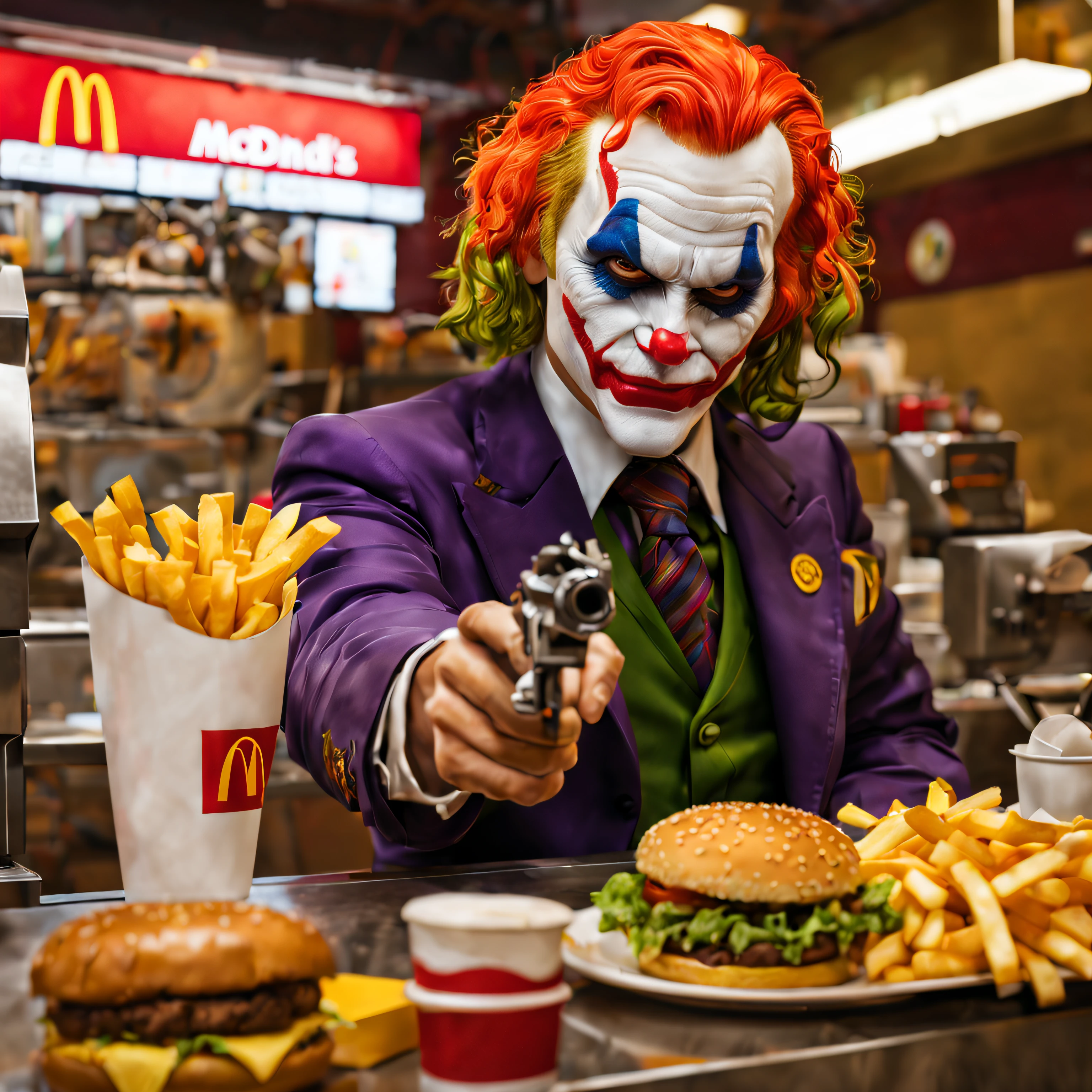 gunatyou, PEJoker, joker, working at mcdonalds counter, burger and fries, masterpiece, high resolution, octance 4k, high detail, pistol