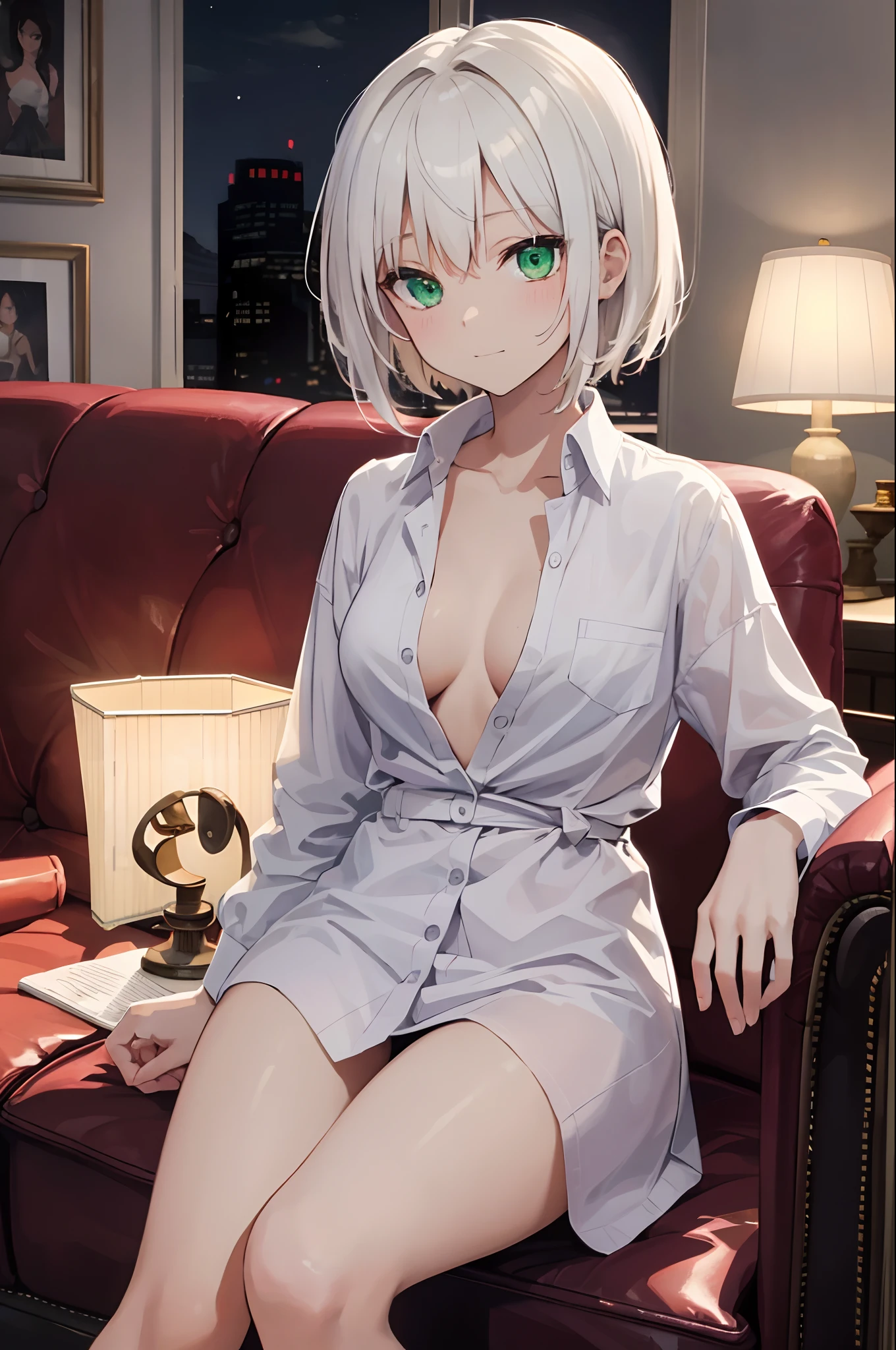 tmasterpiece, Best quality at best, finely detailled, 1girll, with short white hair, (a beauty girl), adolable, (green-eyed), (white shirt:1.2), (open shirts), sitting in the couch, lamp lights, janelas, the night, delicate interior design,