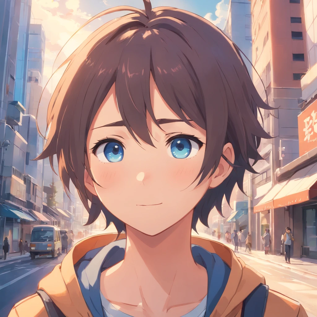 High picture quality,The face is slightly chubby and square,Handsome boys,Comic texture,slightly fat big breasts,In the city,Blue eyes full of hope,grin,Sophisticated,Mature and steady,affable,Warm expression,The camera angle is right on his face+Extremely detailed face