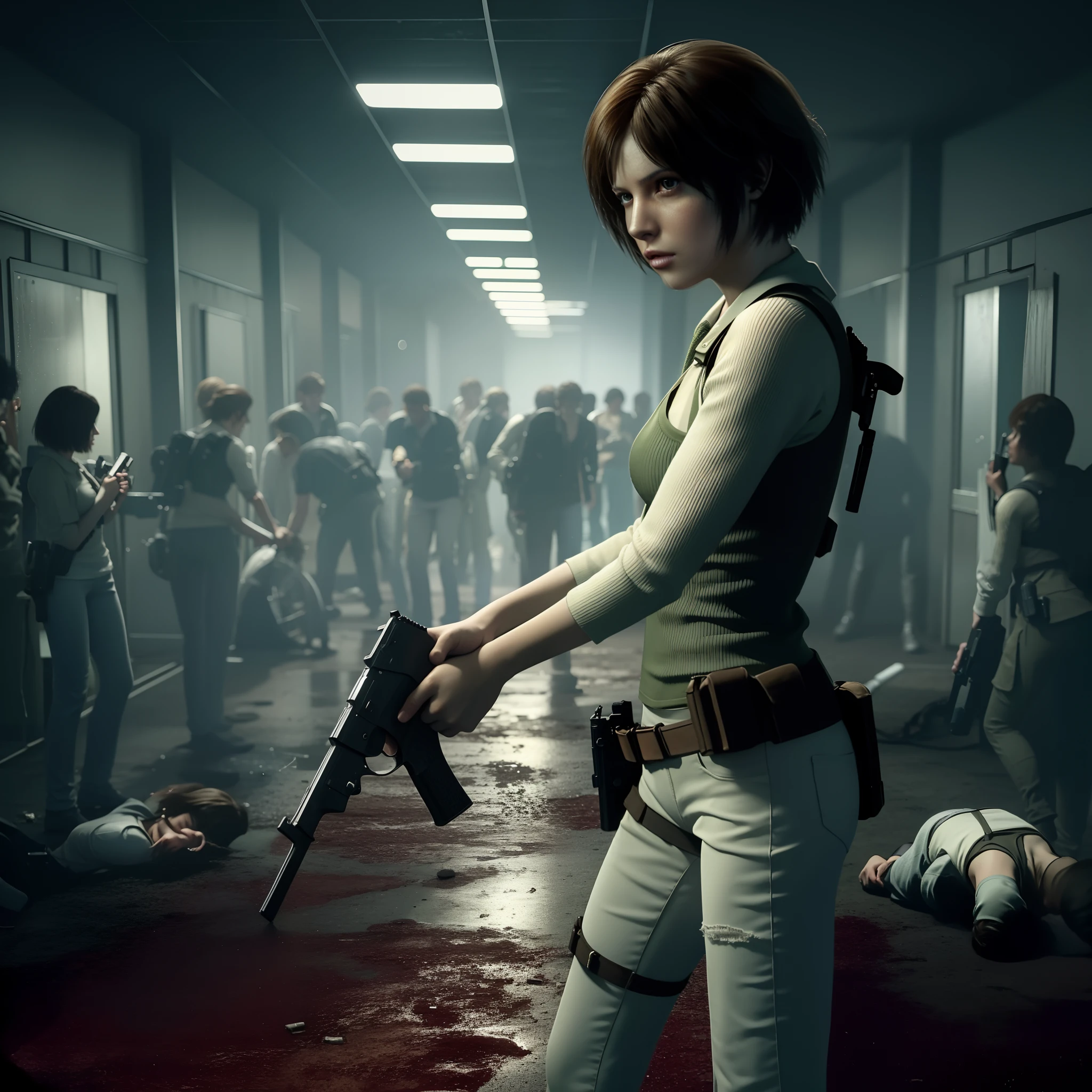 Best quality, ((Rebecca chamber from resident evil)), short bob hair, white jeans, beautiful face, green vest, glare, holding a gun