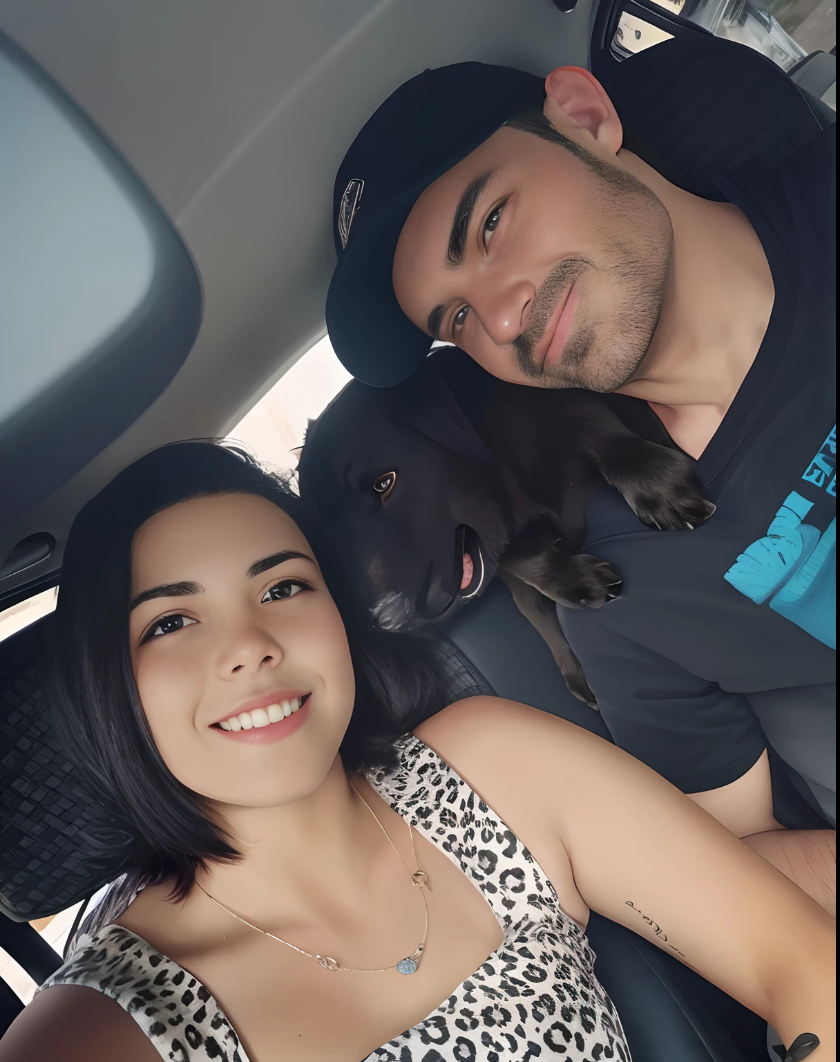 There's a man and a woman sitting in a car with a dog
