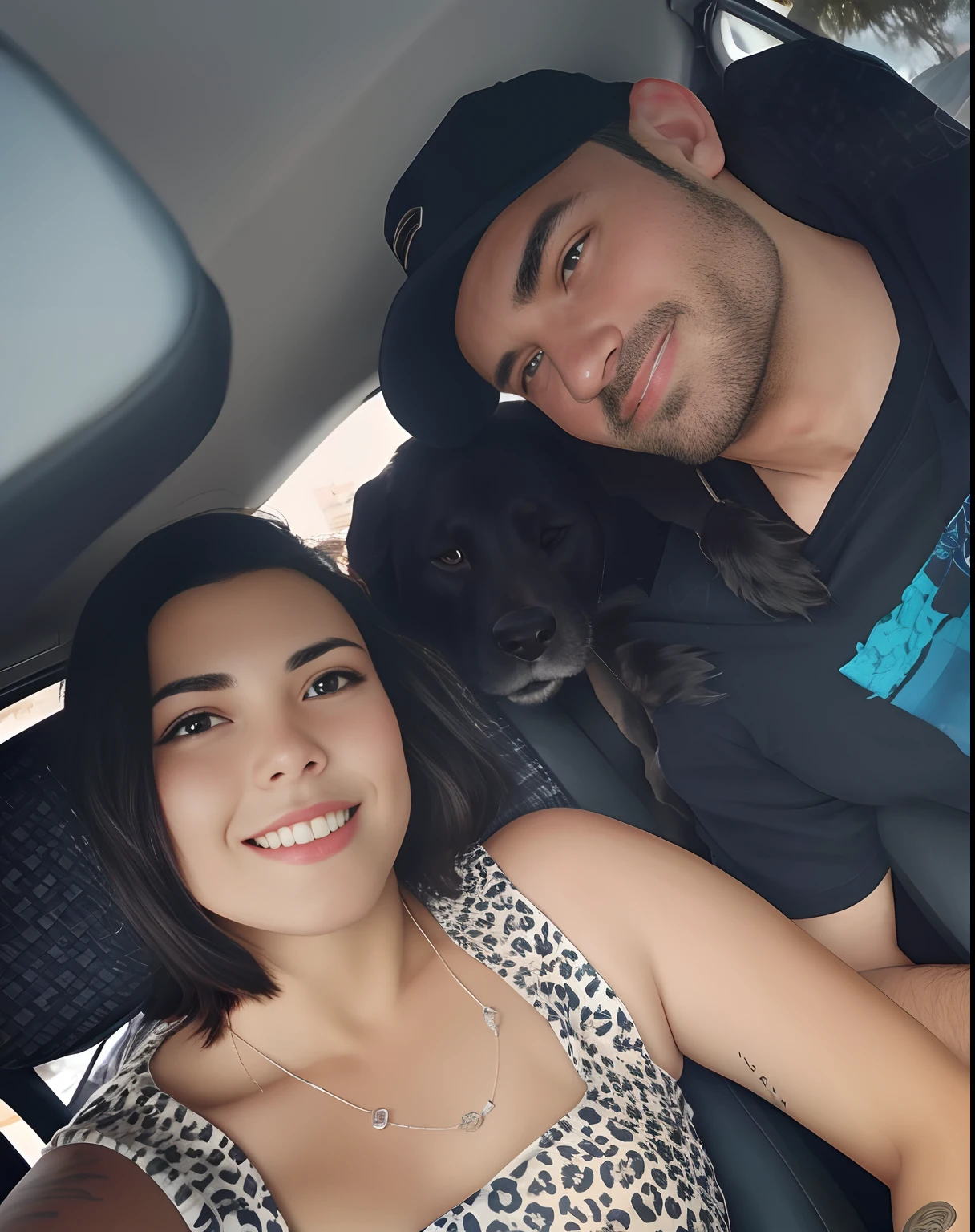 There's a man and a woman sitting in a car with a dog