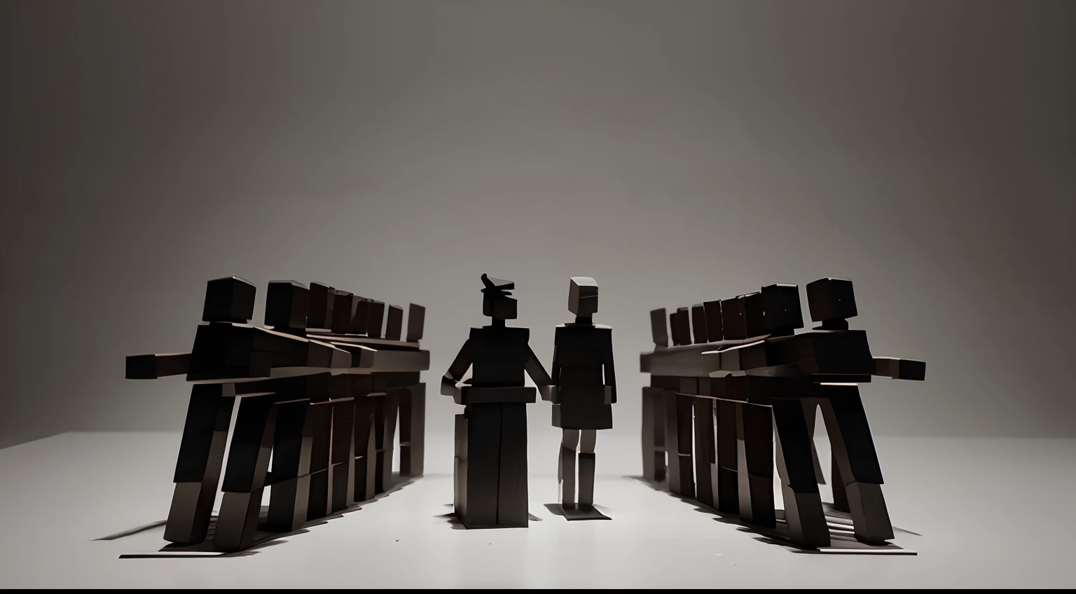 human figures made of matchsticks, minimalist art style, black and white, high contrast, sharp shadows, detailed facial expressions, intricate poses and gestures, dynamic composition, negative space, fine lines, delicate details, realistic proportions, dramatic lighting, strong emotions, small scale scenes, limited color palette, precision and accuracy, careful arrangement, artistic simplicity