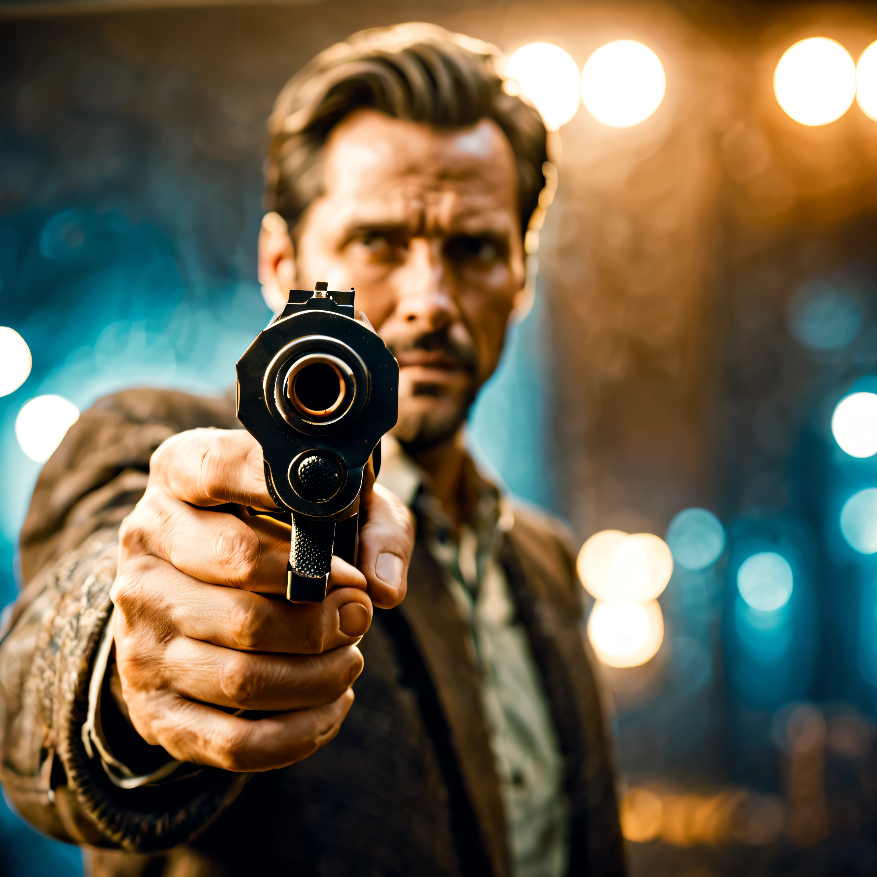 cinematic film still gunatyou, analog photo of a man pointing a gun at viewer, pistol . shallow depth of field, vignette, highly detailed, high budget Hollywood movie, bokeh, cinemascope, moody, epic, gorgeous, film grain, grainy