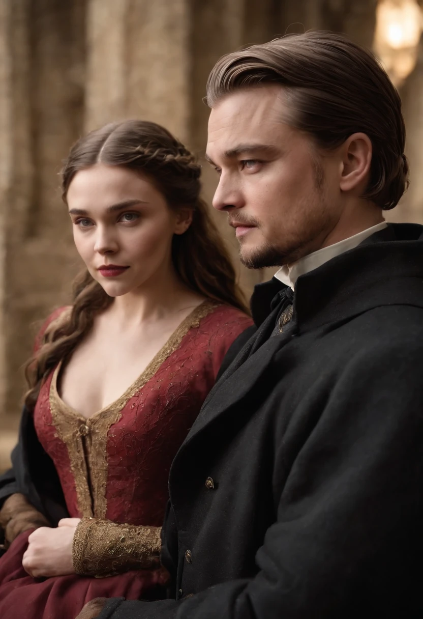 It’s a couple, formed by a 17 years old Leonardo DiCaprio, dressed with a black overcoat and a 20 years old Elizabeth Olsen, dressed with a red and golden dress, medieval costumes , game of thrones style, ultra realistic, high definition, HDR,