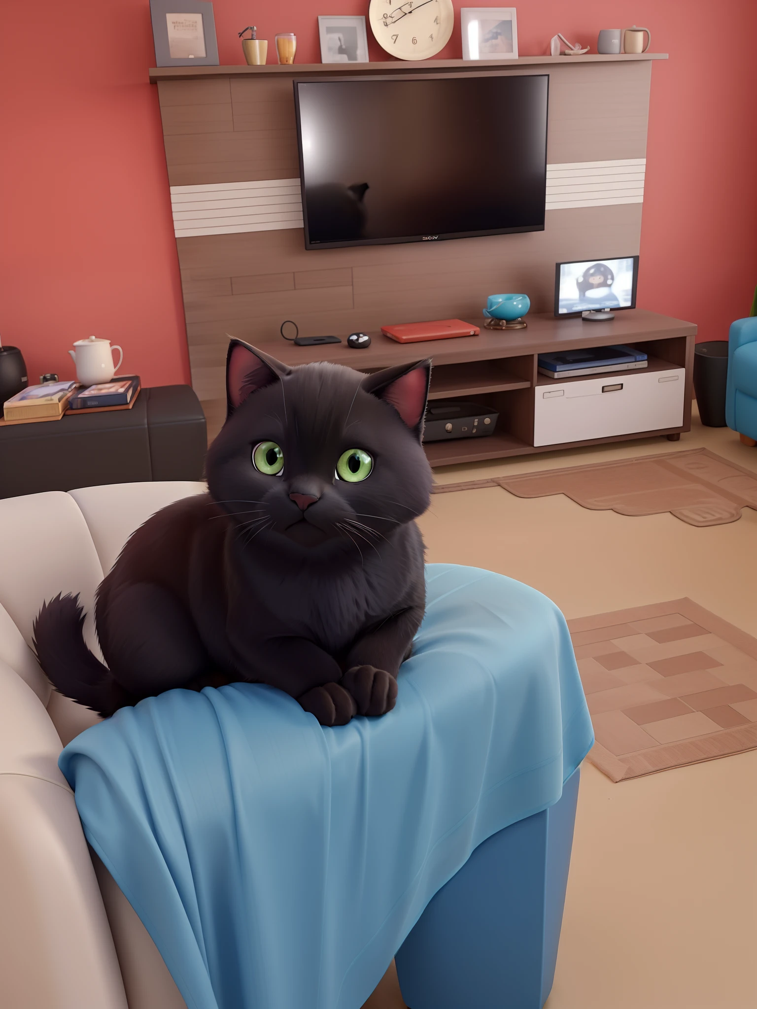 There's a black cat sitting on a person's lap in a living room, gato persa, gato preto, sitting on couch, taken with sony a7r camera, the cat is fluffy, com gato pequeno no colo, sombrio e realista, she is looking at us, Tomado com Sony Alpha 9, an afghan male type, captured with sony a3 camera