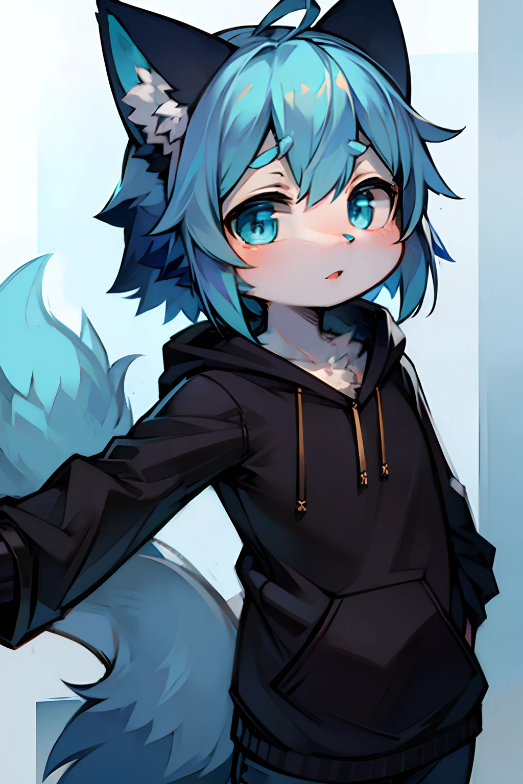 blue fur,fox, hoodie, thigh highs, fox femboy,long blue hair,