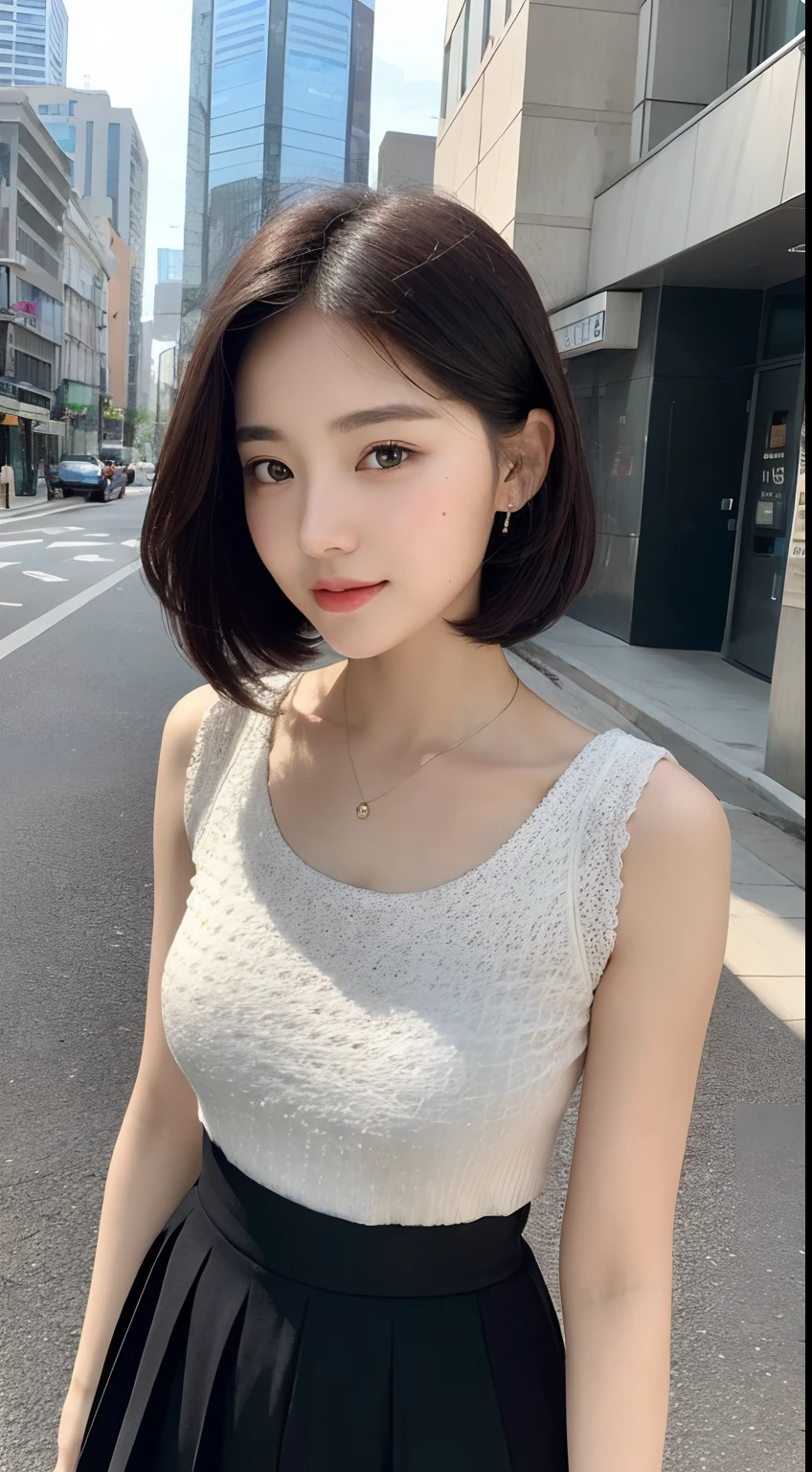 ((best qualtiy,8K,tmasterpiece:1.3)),Perfect beauty:1.4,glute:1.2,(Layered Hair Style:1.2)),(the street:1.3),Highly Detailed Face and Skin Textur,full bodyesbian,Elaborate Eyes,二重まぶた,Whitens the skin,Short wave hair,Cute Korean beauty(with a round face:1.5),(Black top,short skirt:1.6)ssmile