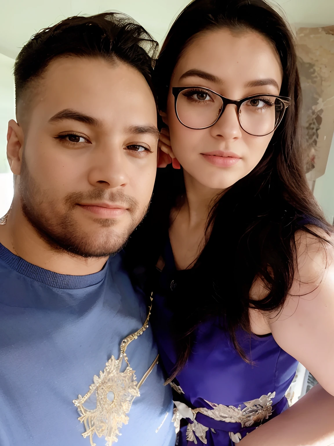 Couple kissing. Chubby girl with long curly brown hair hazel eyes and glasses. Tall skinny guy with black hair no glasses.