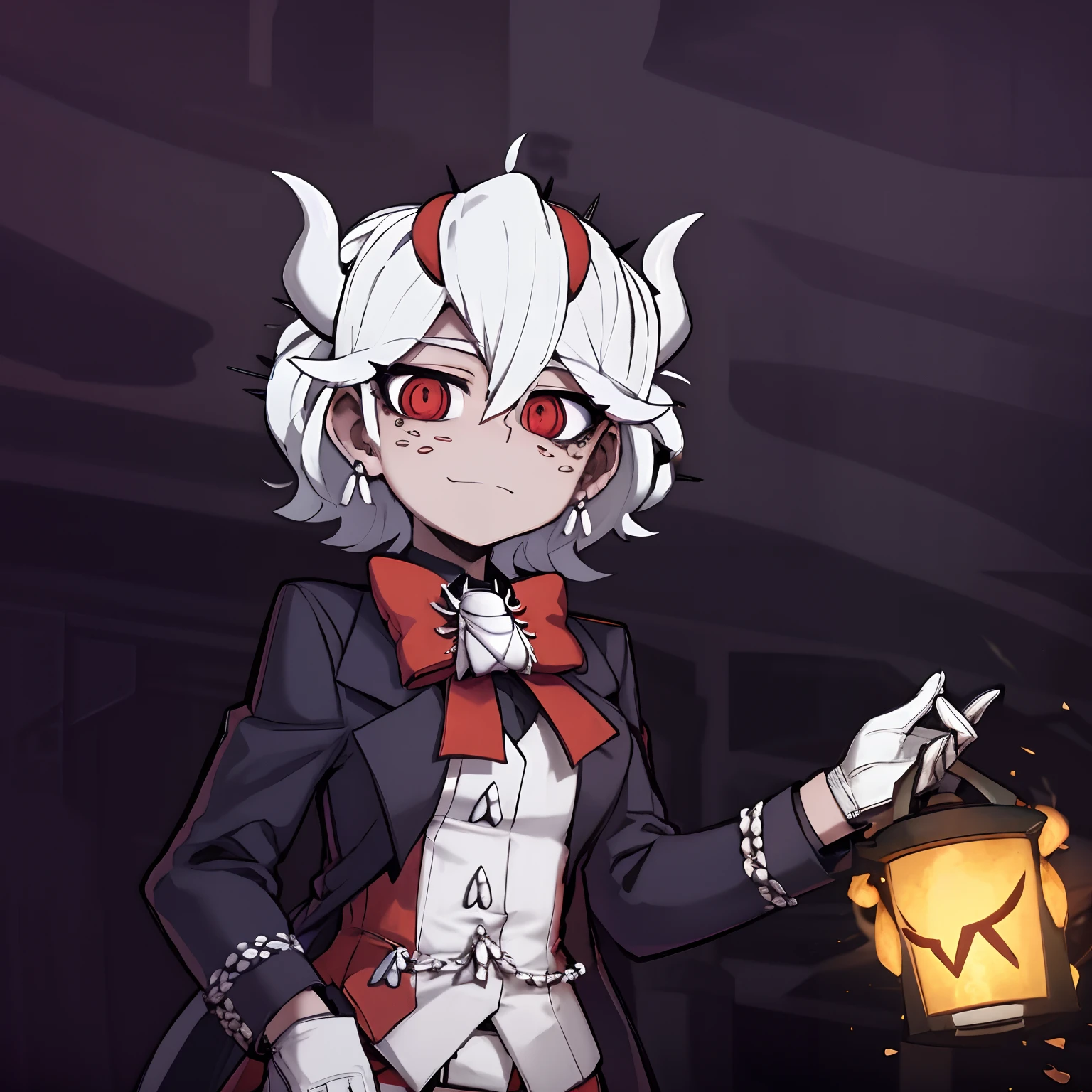 beelzebub(helltaker), white bowtie, 1girl, suit, looking at viewer, red eyes, jacket, demon horns, white hair, vest, white bow, shirt, formal, bow, upper body, waistcoat, smile, earrings, closed mouth, demon girl, white gloves, white shirt, bowtie, gloves, jewelry, simple background, black jacket, horns, white horns, solo, hair between eyes, short hair, holding a lantern, halloween style